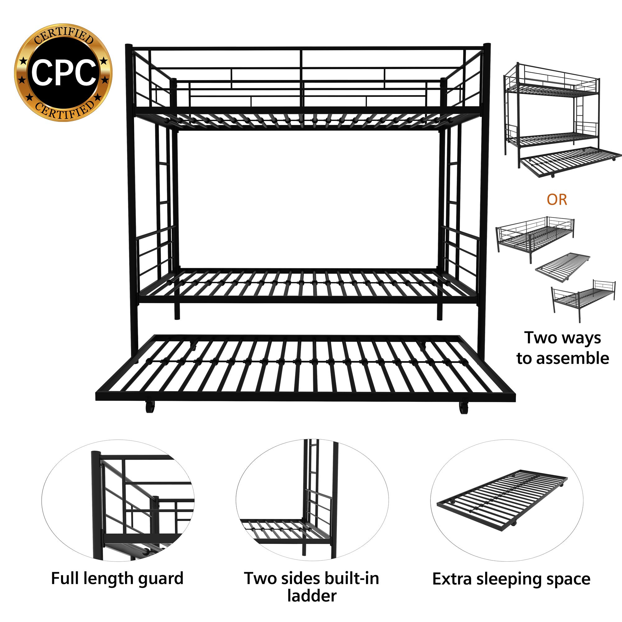 Twin Over Twin Metal Bunk Bed Frame with Trundle(Upgrade reinforcement version)