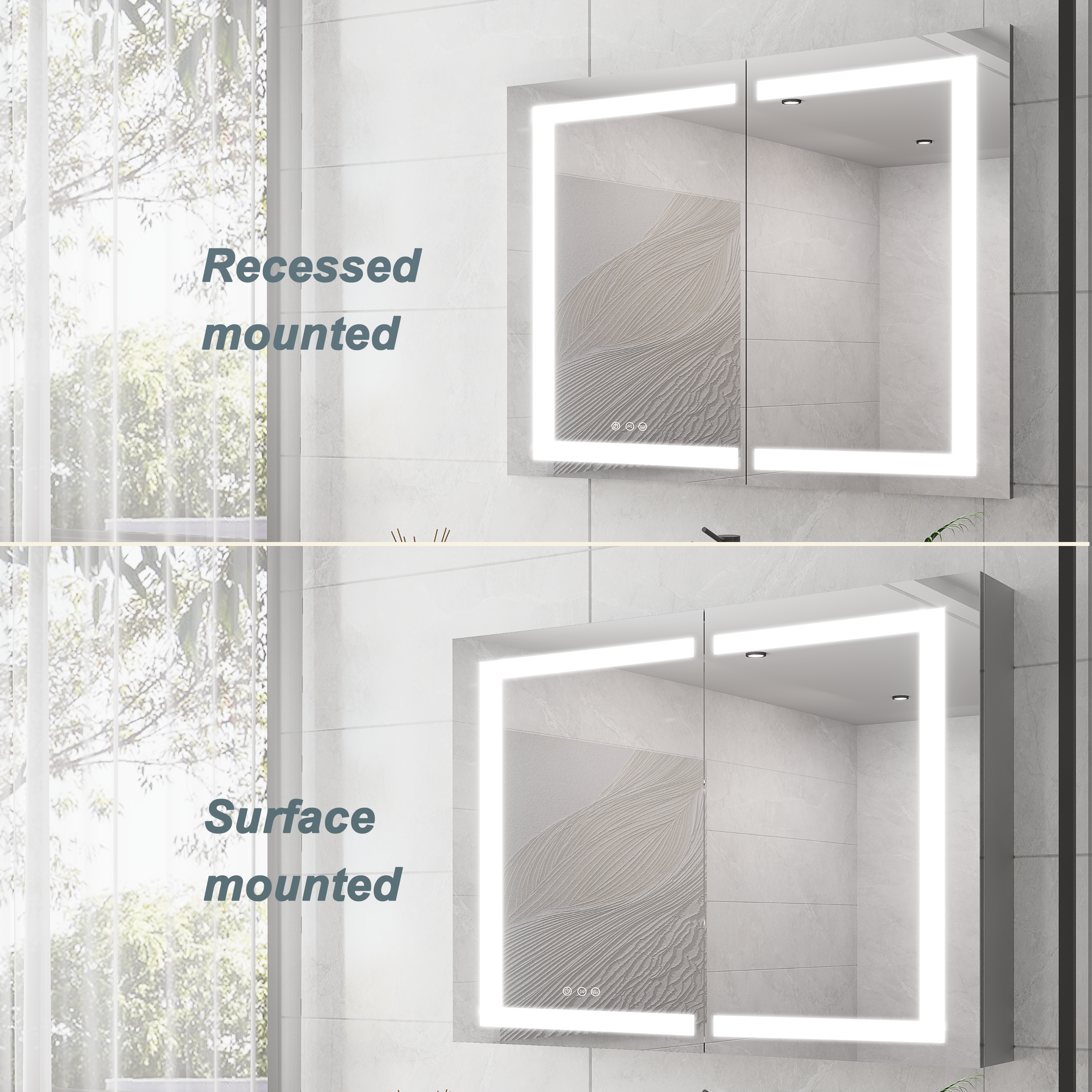 Armoire à pharmacie 36 x 30 pouces avec miroir de courtoisie à LED, antibuée, encastrée ou en saillie, étanche, à intensité variable, en aluminium, avec éclairage 3000 K ~ 6000 K, double porte et interrupteur tactile.
