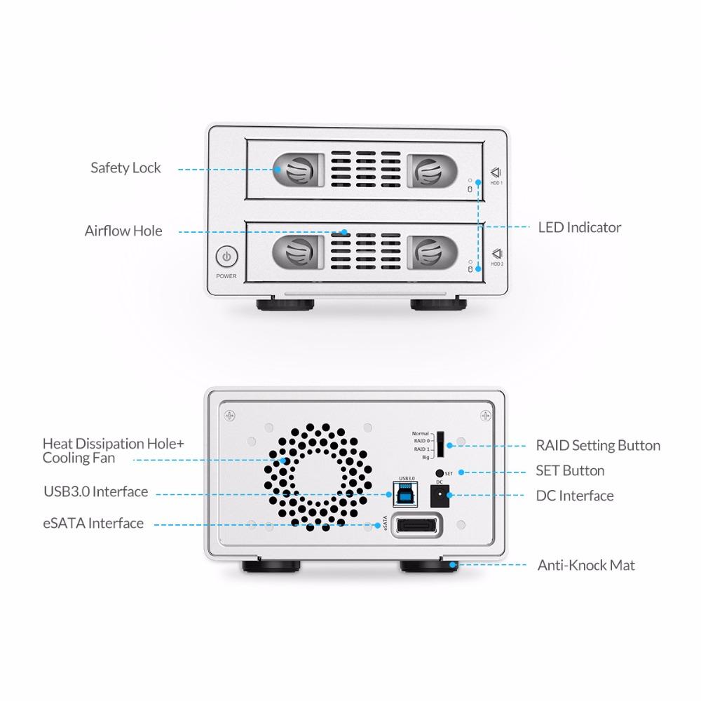 ORICO 3.5 2bay HDD Case box 16 TB Aluminum SATA2.0 USB 3.0 & eSATA HDD External Docking Station box RAID Function HDD Enclosure