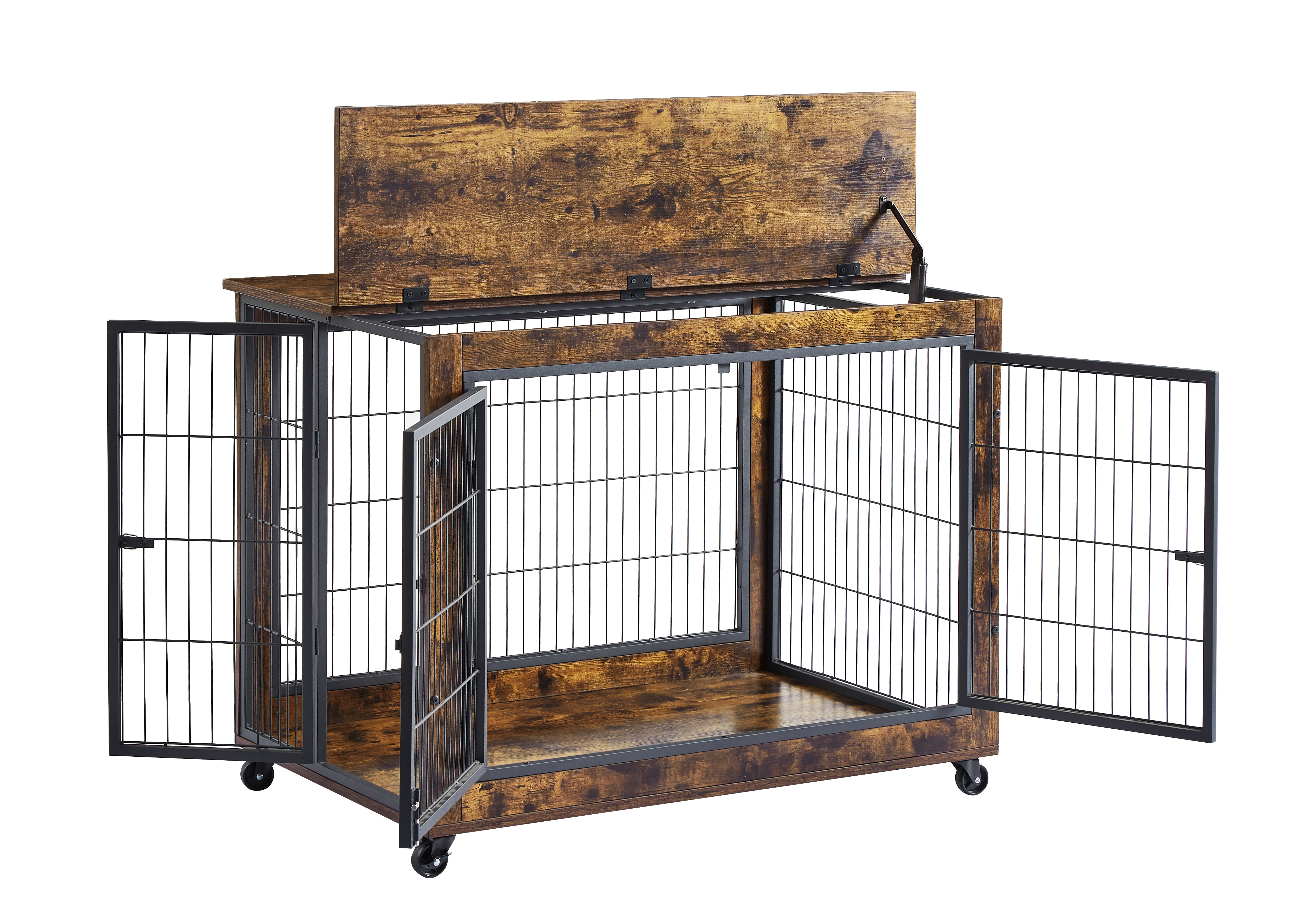 Cage pour chien avec portes doubles, brun rustique, 98 cm de largeur x 64 cm de profondeur x 69 cm de hauteur