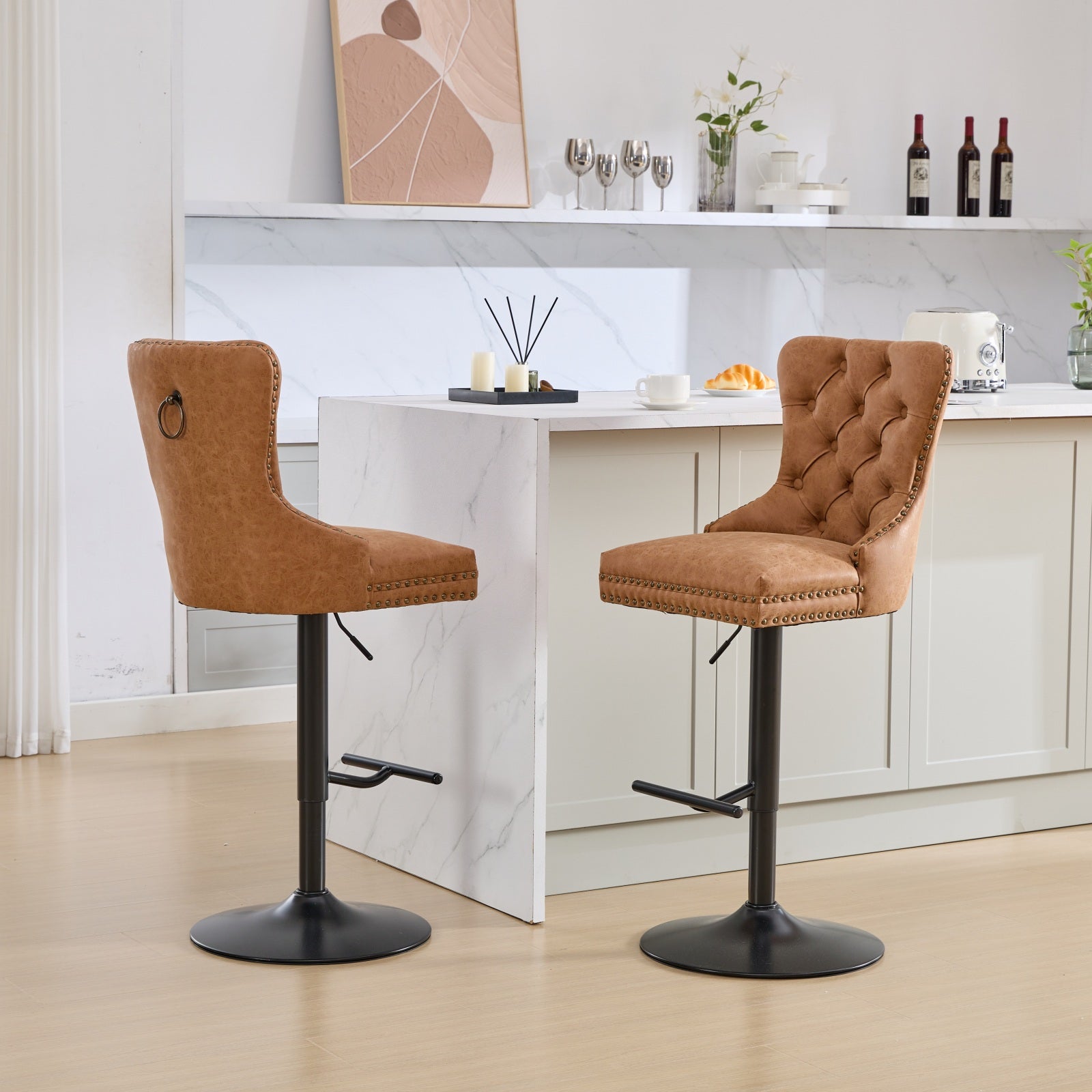 Tabouret de bar rotatif vintage en PU, hauteur d'assise réglable de 25 à 33 pouces, tabouret de bar moderne (orange, ensemble de 2 pièces)