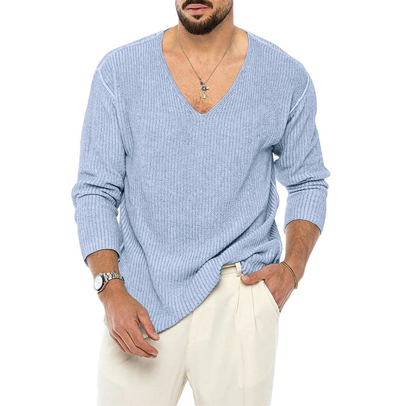 Pull col V à manches longues pour homme, couleur unie, style européen et américain, tricoté à la mode
