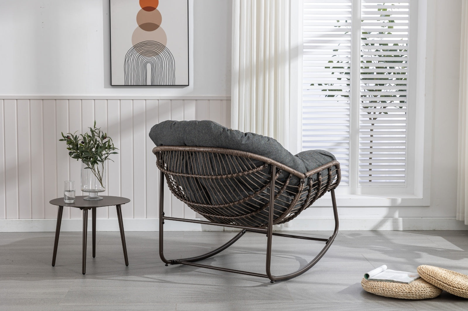 Outdoor Rattan Rocking Chair With Padded Cushion For Porch And Living Room