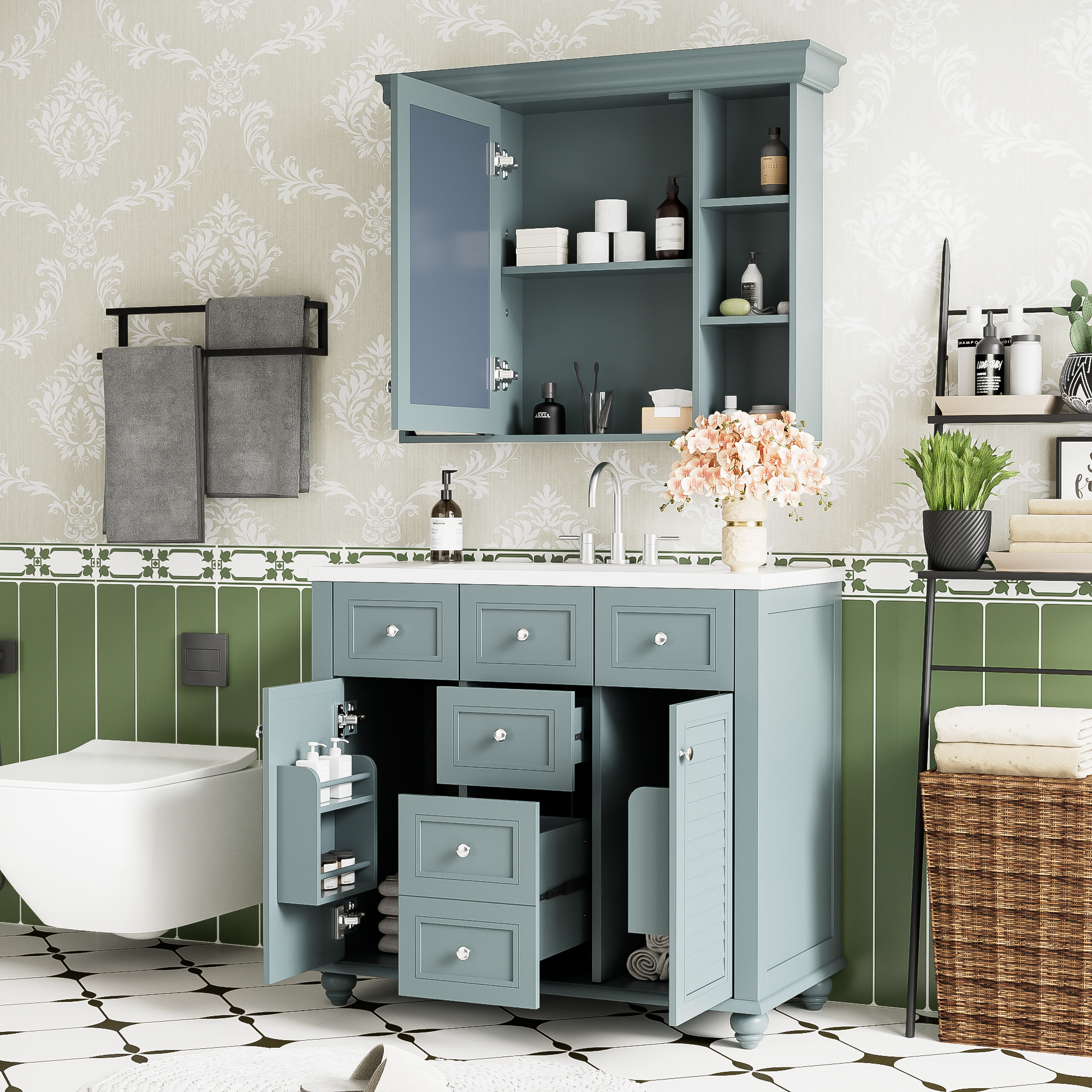 Armoire à miroir moderne de 36 pouces avec étagères réglables, 2 portes à fermeture douce et 6 organisateurs de portes d'armoire de rangement à tiroirs