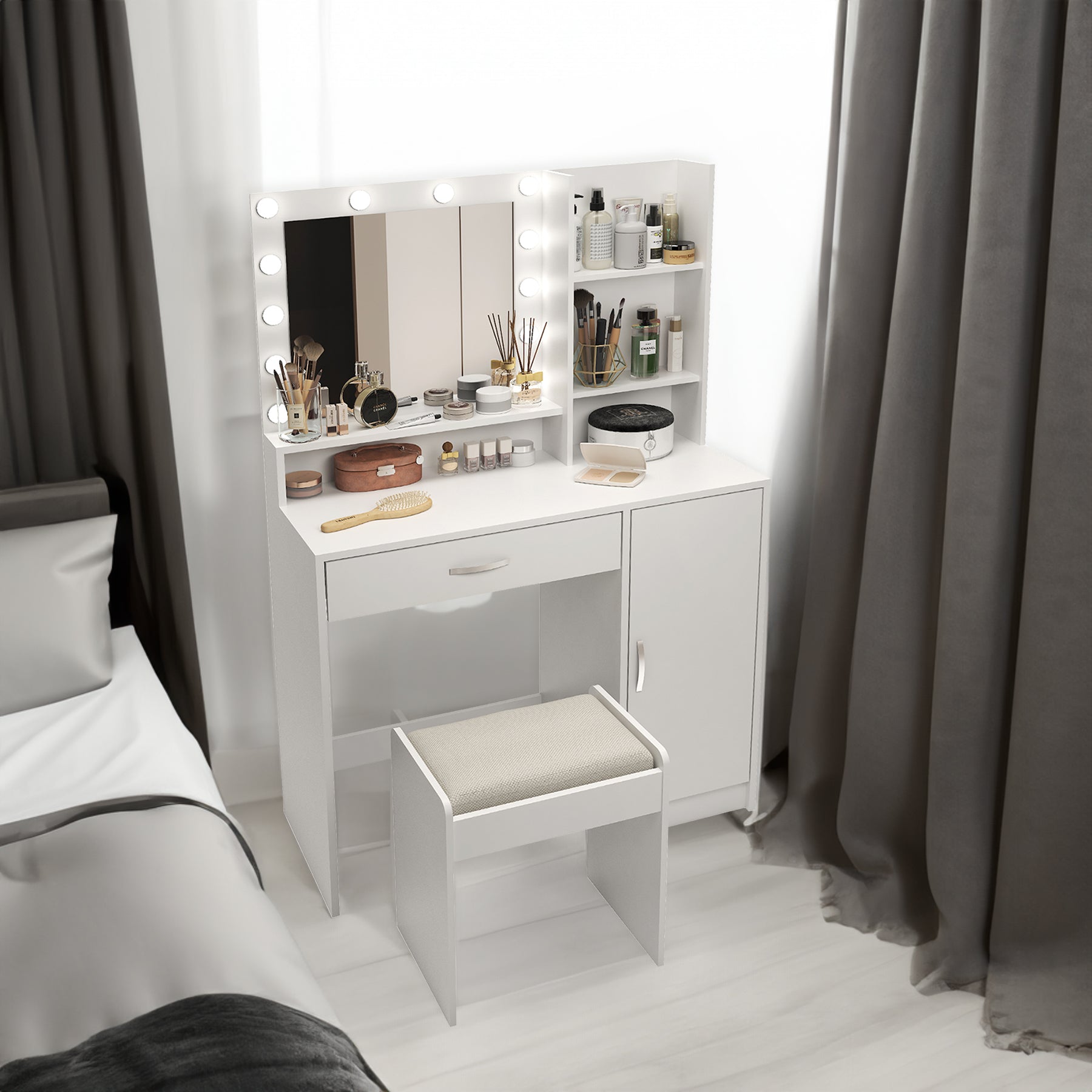 Grand tiroir avec miroir et lumière, meuble de rangement à trois niveaux, luminosité réglable pour 3 modes d'éclairage (blanc avec tabouret)