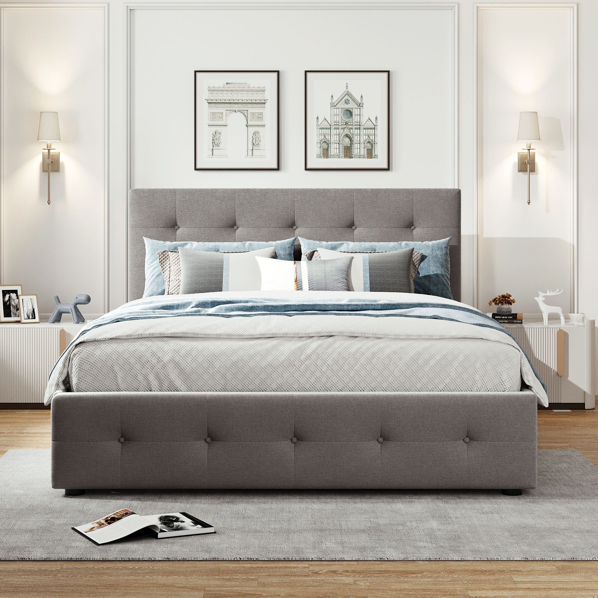 Lit plateforme rembourré avec 2 tiroirs et 1 lit gigogne simple XL en tissu lin, taille Queen - Gris clair
