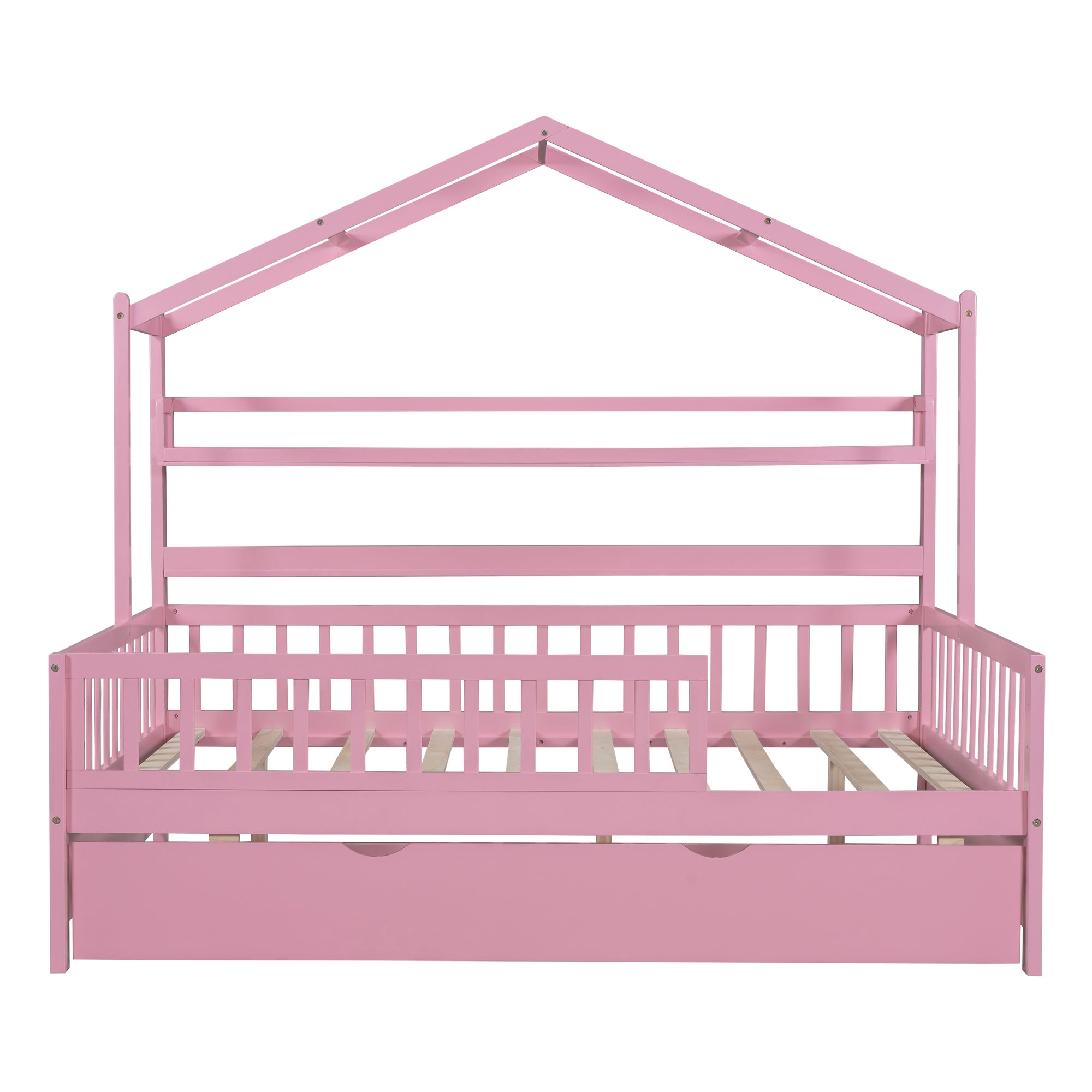 Lit cabane en bois pleine grandeur avec lit gigogne simple pour enfant et étagère, rose