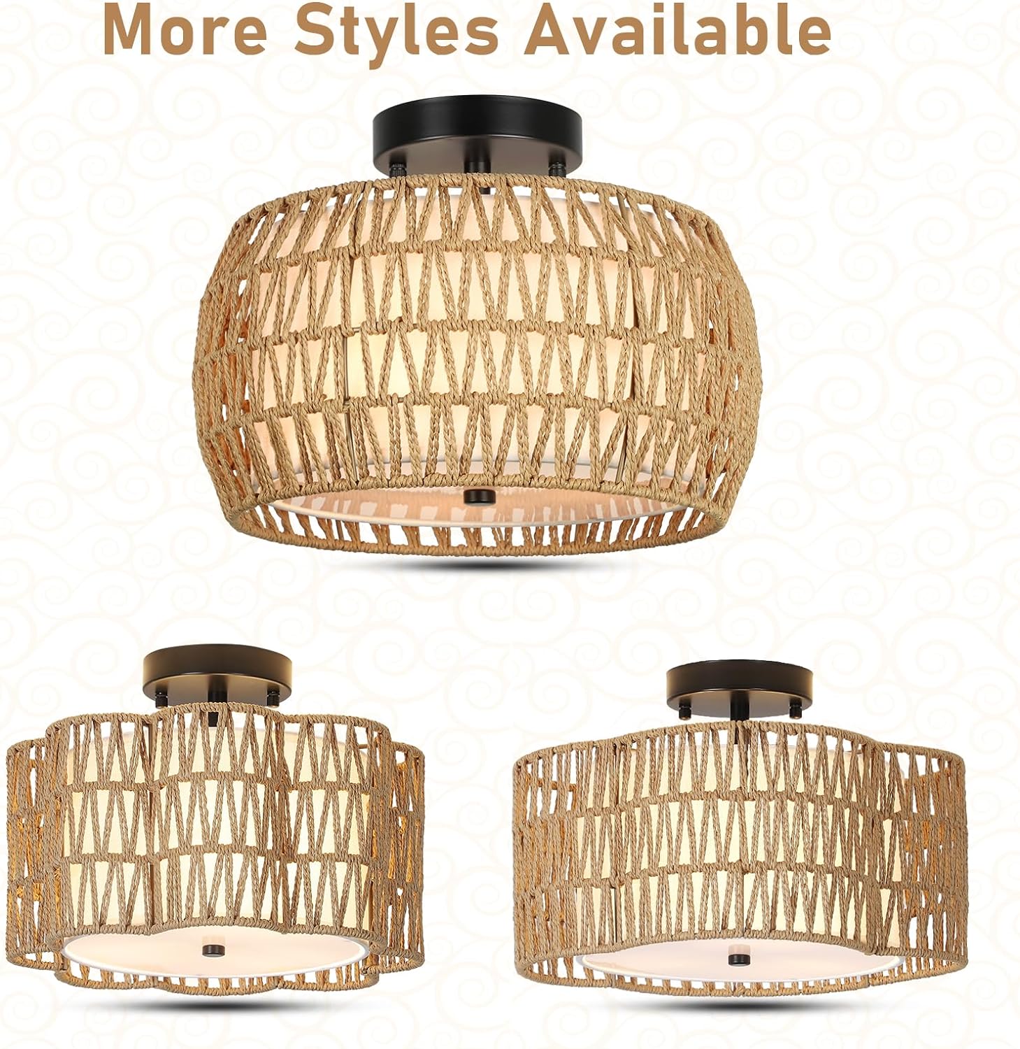 Plafonnier Boho, semi-encastré en rotin, luminaire de style campagnard avec abat-jour en tissu