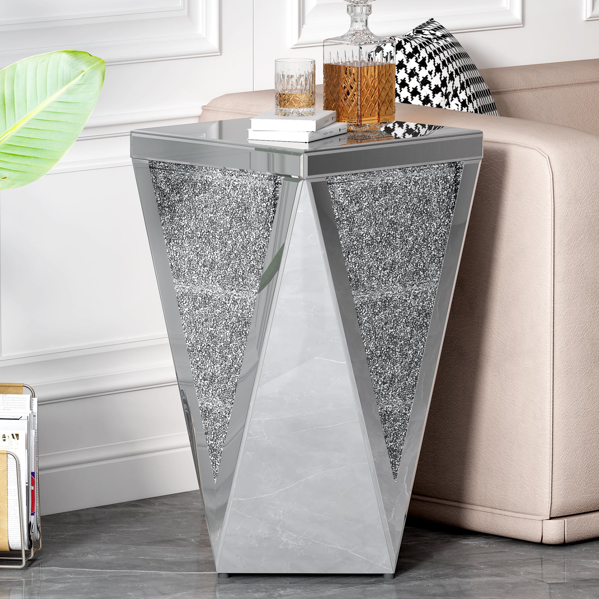 Table d'appoint carrée en miroir argenté U-Can de 13,8 po, table d'appoint moderne avec diamant concassé pour le salon, aucun assemblage requis