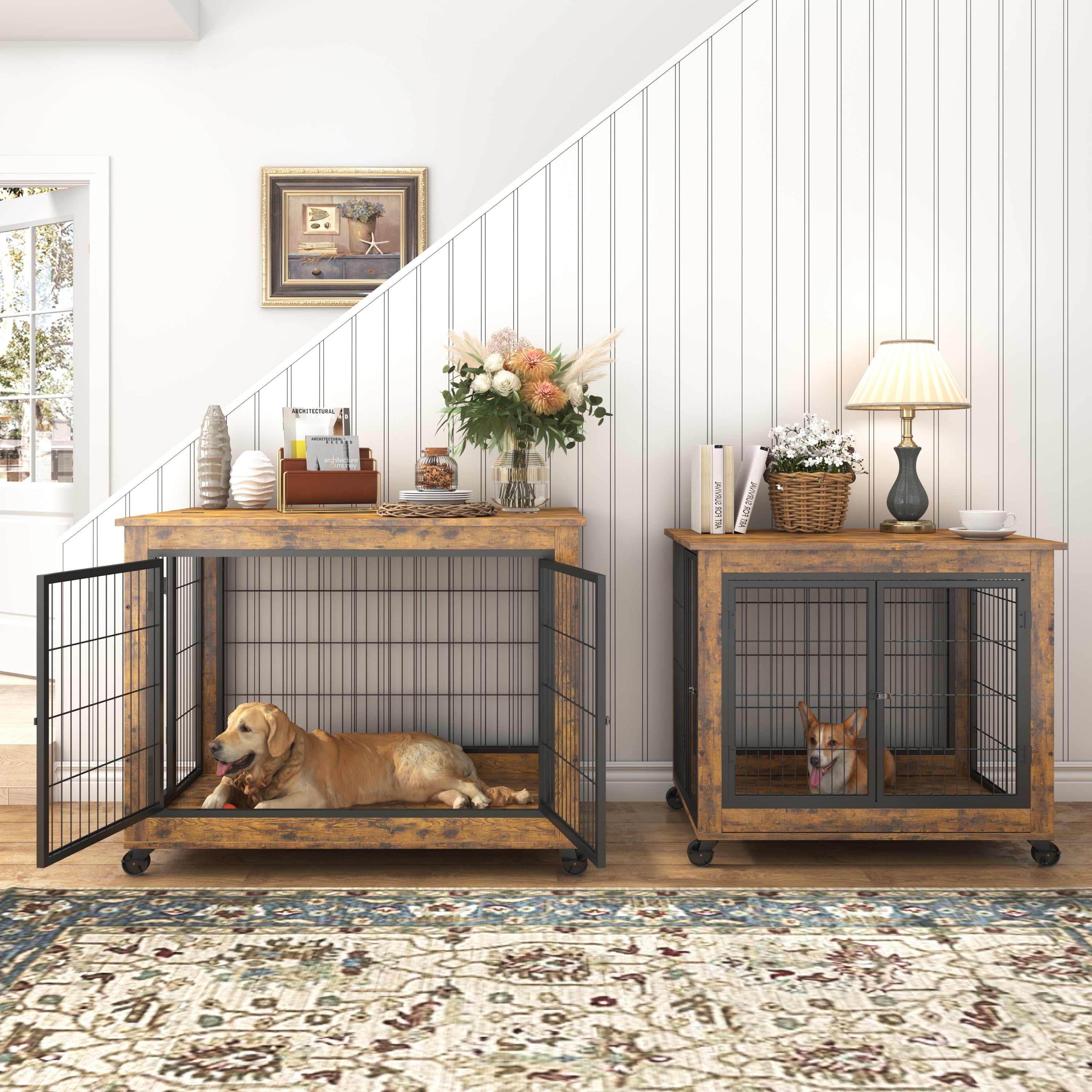 Cage pour chien avec portes doubles, brun rustique, 98 cm de largeur x 64 cm de profondeur x 69 cm de hauteur