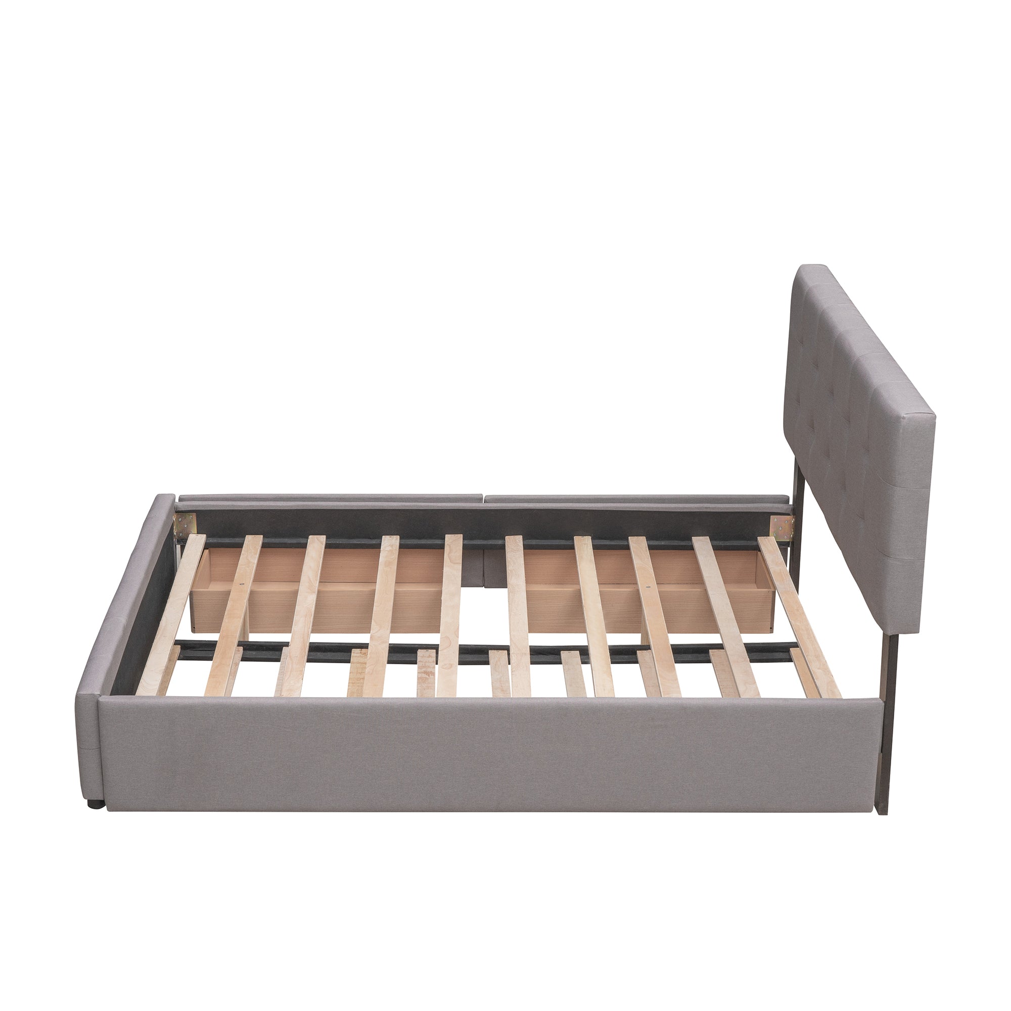 Lit plateforme rembourré avec 2 tiroirs et 1 lit gigogne simple XL en tissu lin, taille Queen - Gris clair