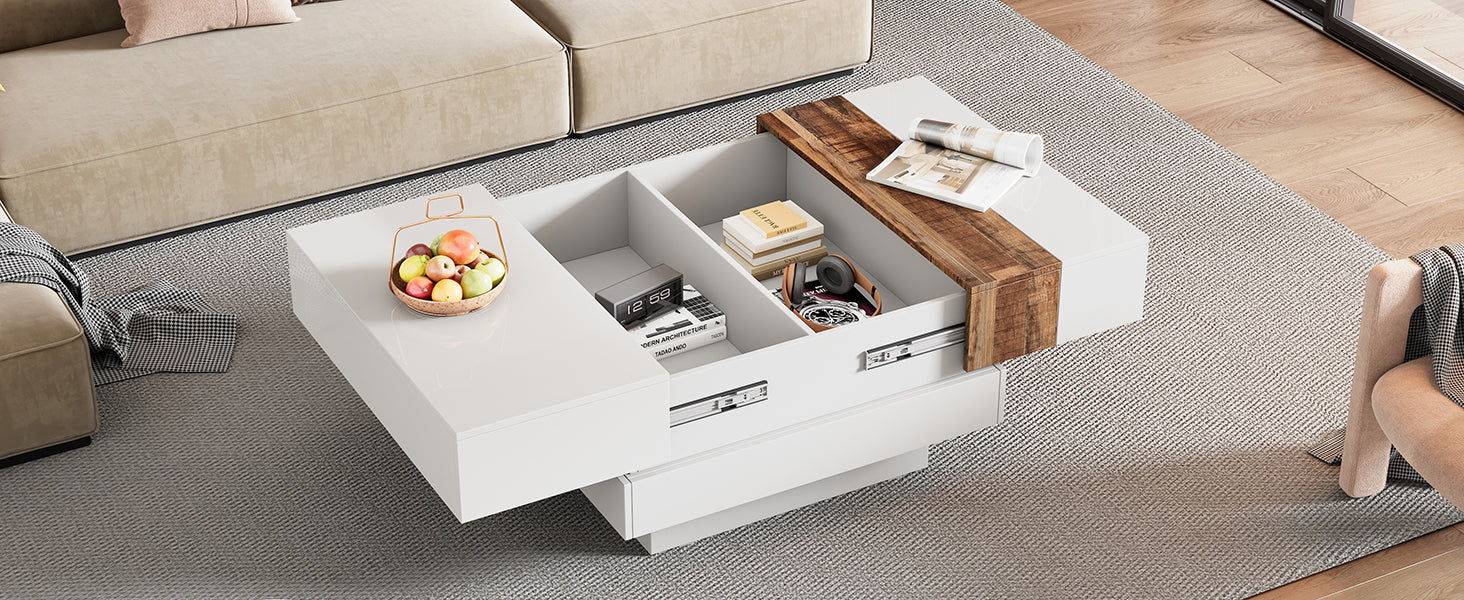 ON-TRANS 31,4 pouces x 31,4 pouces avec plateau coulissant, table centrale haute brillance, espace de rangement caché blanc