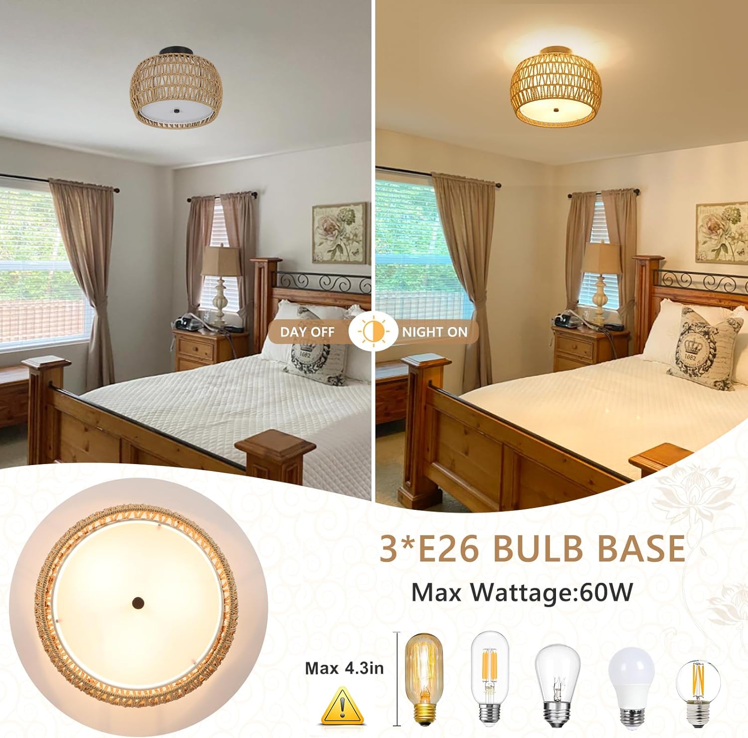 Plafonnier Boho, semi-encastré en rotin, luminaire de style campagnard avec abat-jour en tissu