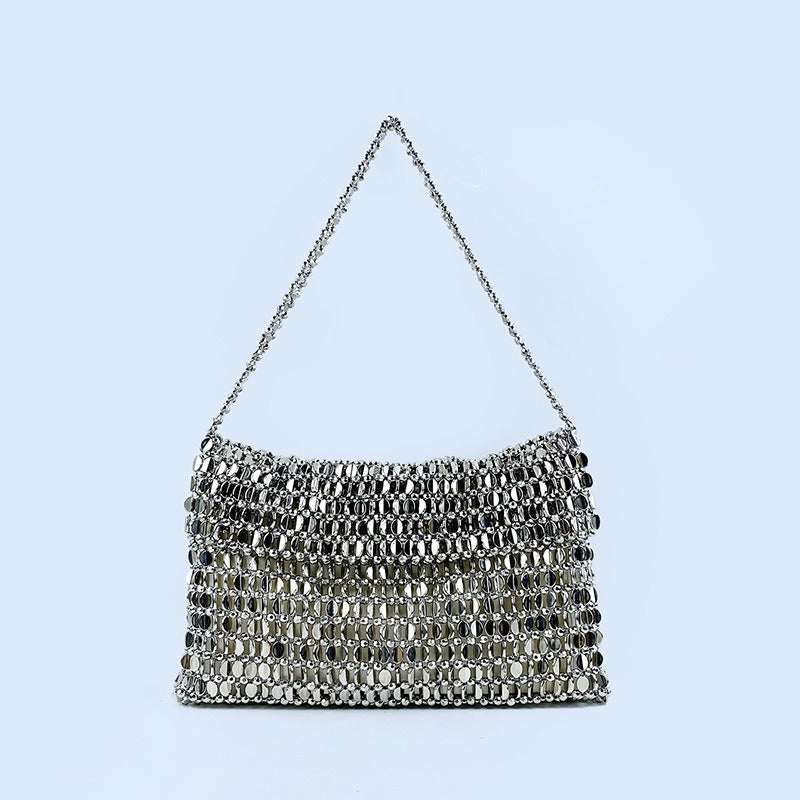 Sac à main rétro en métal argenté à paillettes pour femme, tissé à la main, haut de gamme, à bandoulière et sous les aisselles