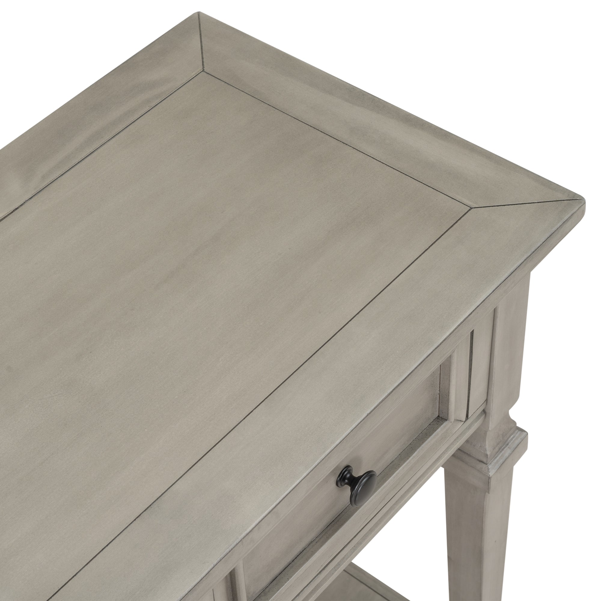 Console TREXM de style rétro classique avec trois tiroirs supérieurs et une étagère inférieure ouverte (gris délavé)