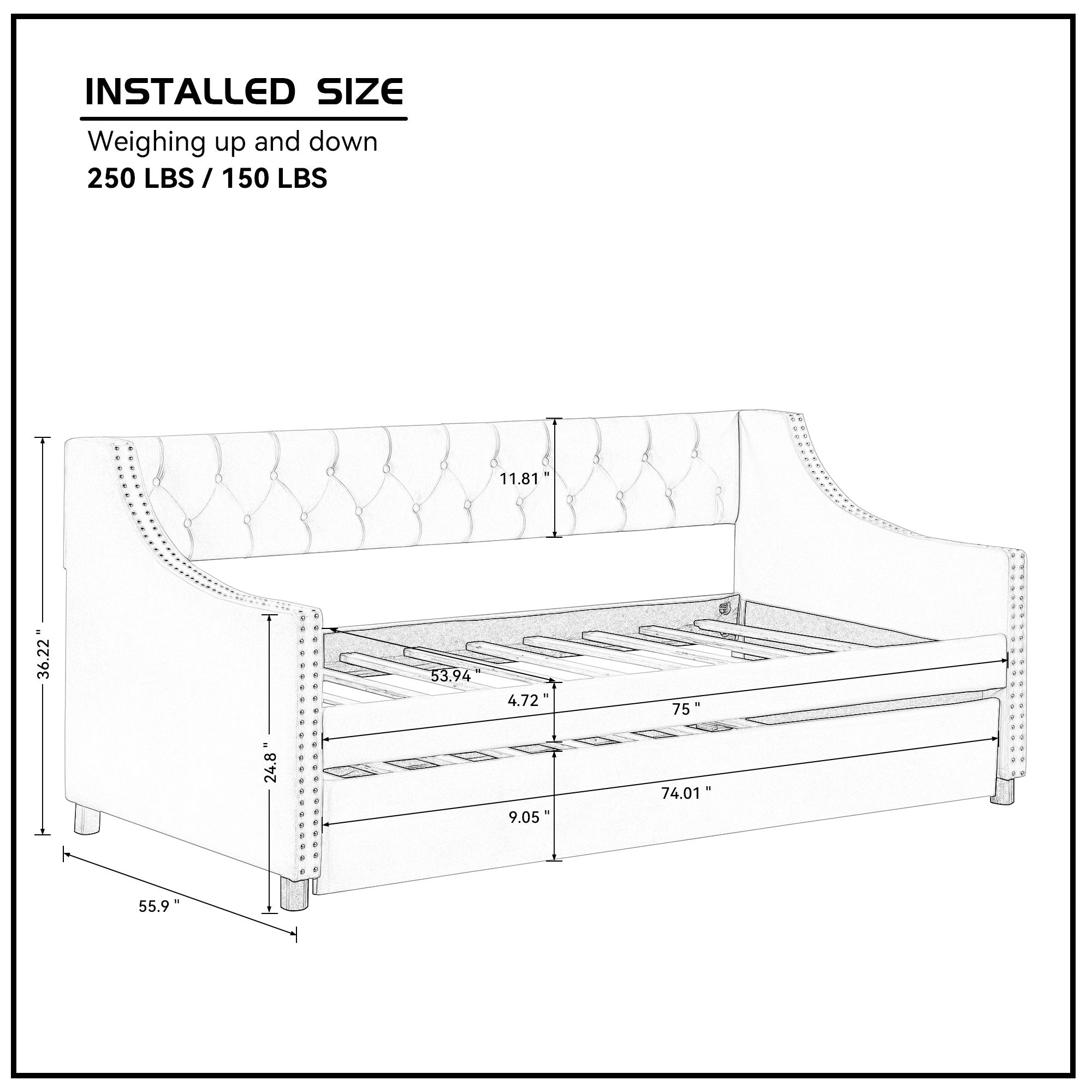 Lit de repos avec canapé-lit gigogne capitonné avec boutons et clous en cuivre sur les accoudoirs, taille double, beige