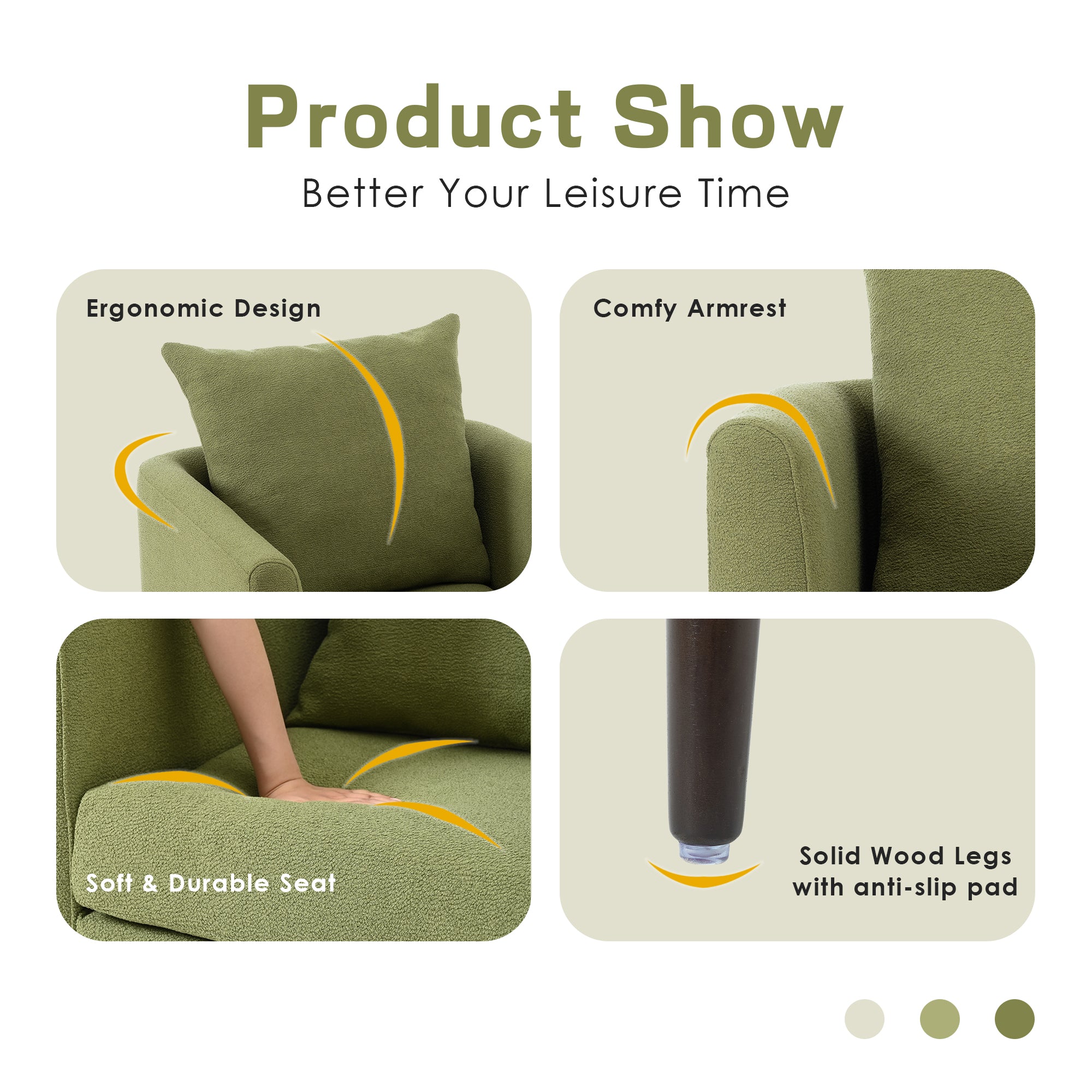 Chaise tonneau, chaise de style moderne, fauteuil en tissu, fauteuil club, fauteuil avec coussin de jambe en bois massif, coussin de taille vert olive