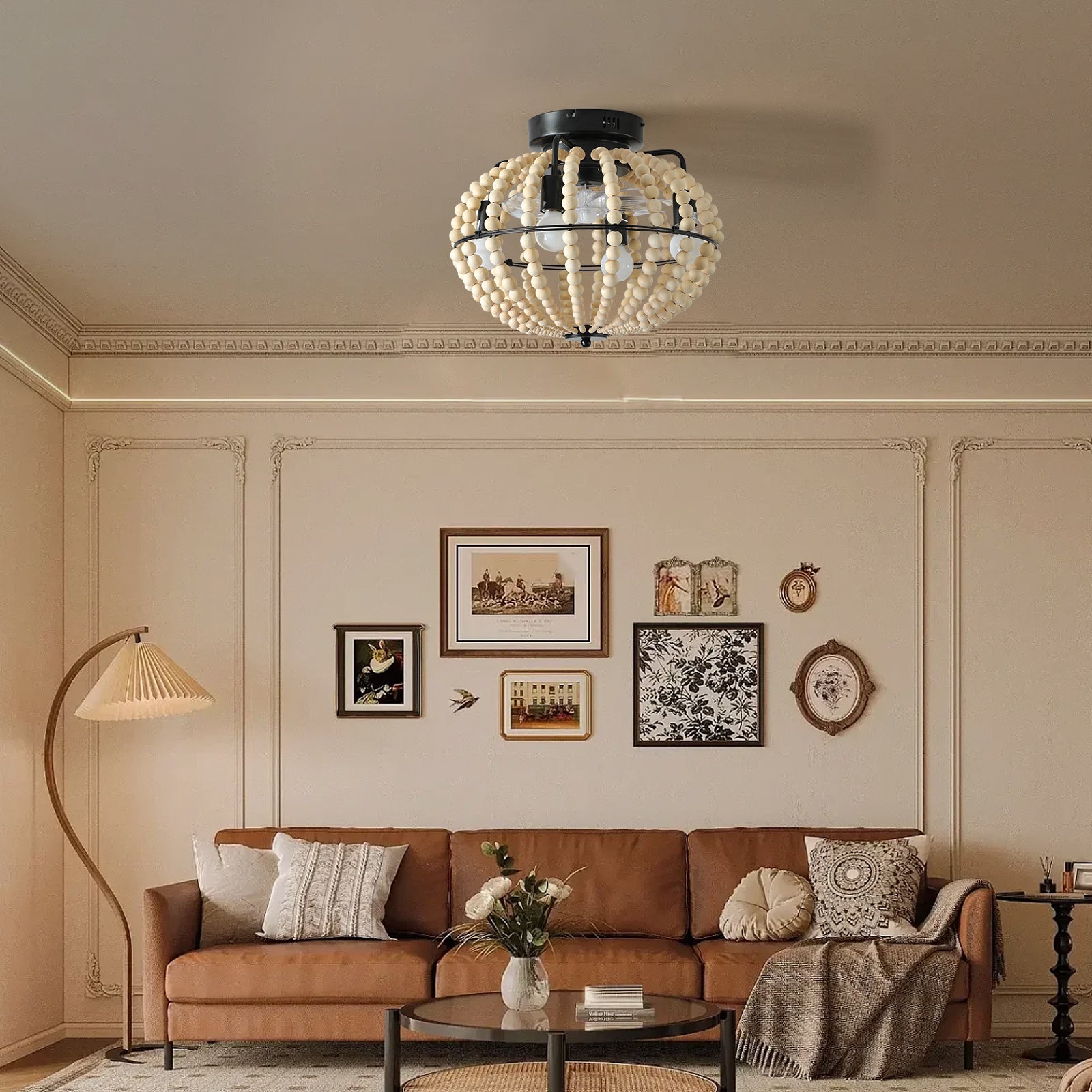 Lampe éventail perlée Lustre en bois perlé Chêne Blanc