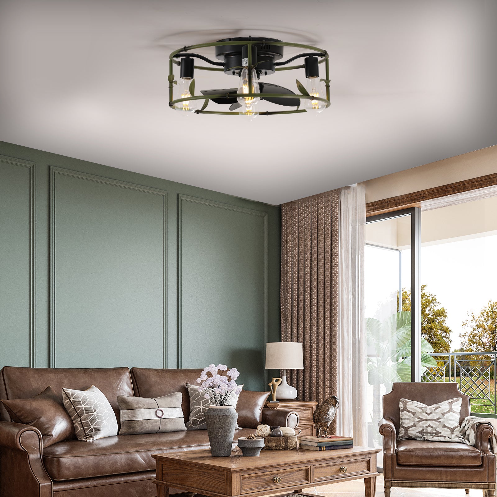 Ventilateurs de plafond encastrés avec lumières et télécommande Ventilateur de plafond à profil bas en cage vert Ventilateur de plafond en métal moderne pour