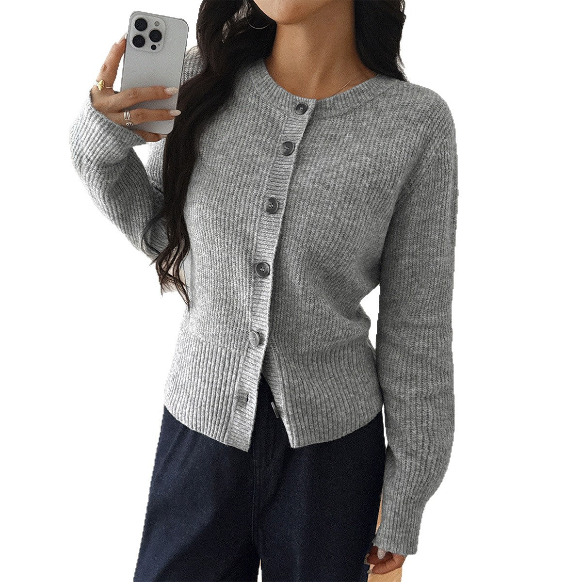 Button solid color long sleeved sweater for women