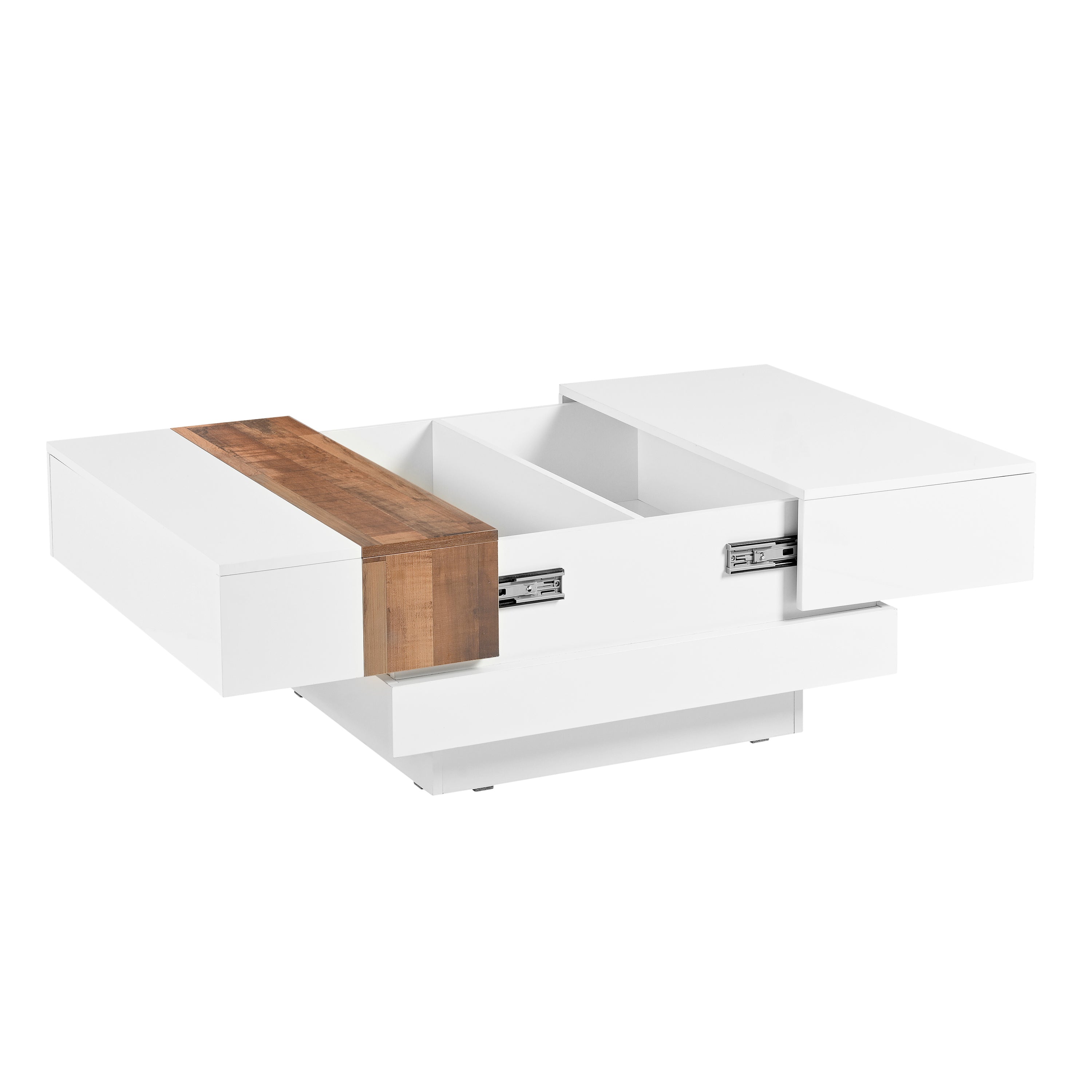 ON-TRANS 31,4 pouces x 31,4 pouces avec plateau coulissant, table centrale haute brillance, espace de rangement caché blanc