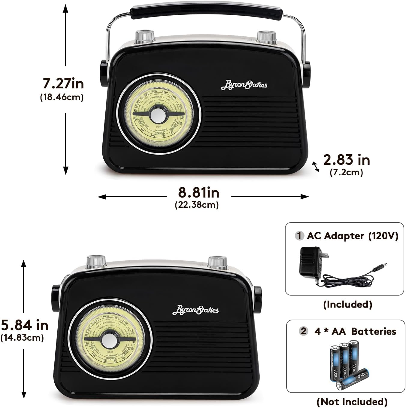 Radio AM FM noire - Petite radio portable vintage/rétro avec prise casque et grand cadran rotatif analogique