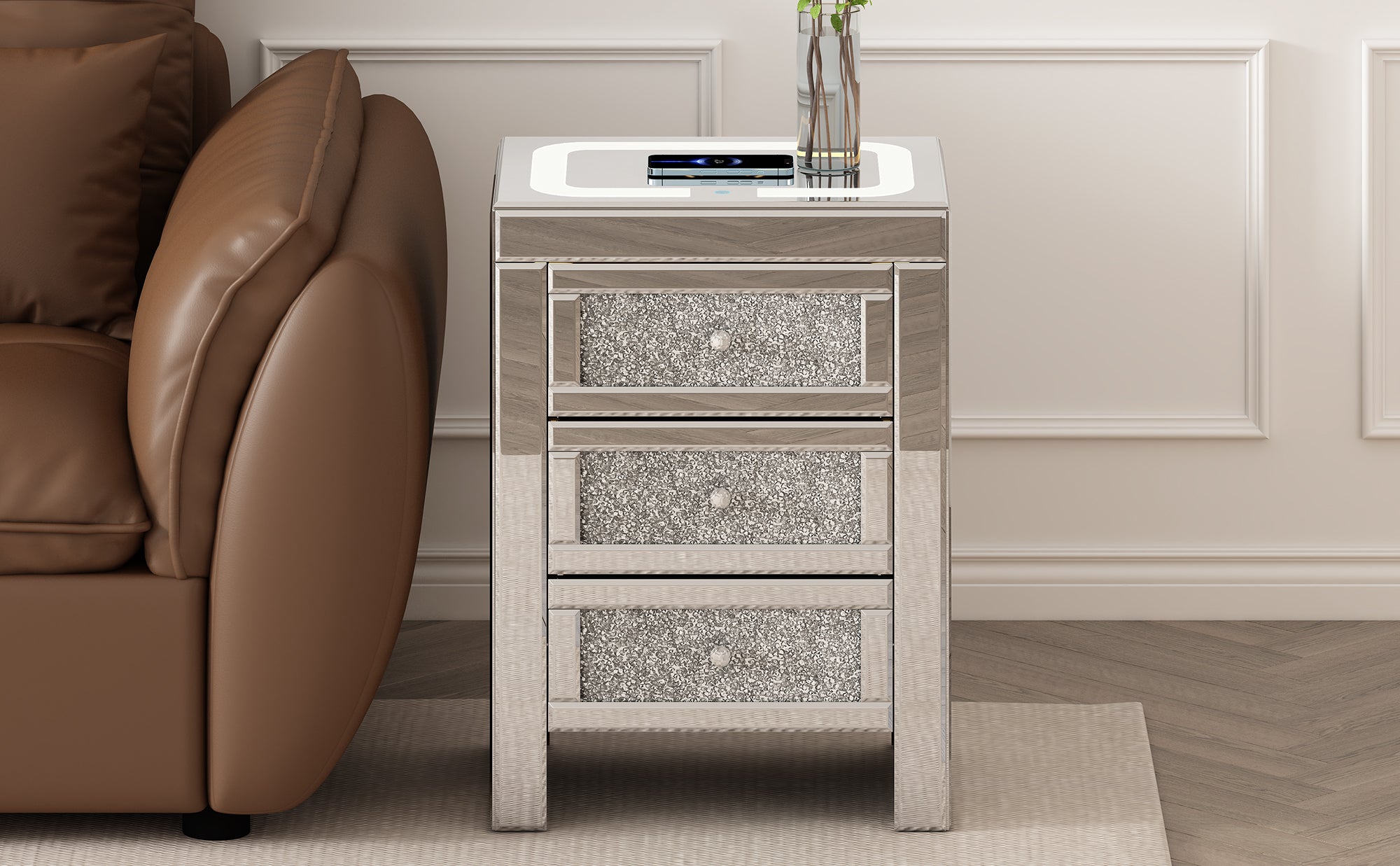 Table basse rectangulaire argentée miroir U-Can 15,7" W avec fonction de chargement sans fil et USB, lumières LED, poignée de style cristal