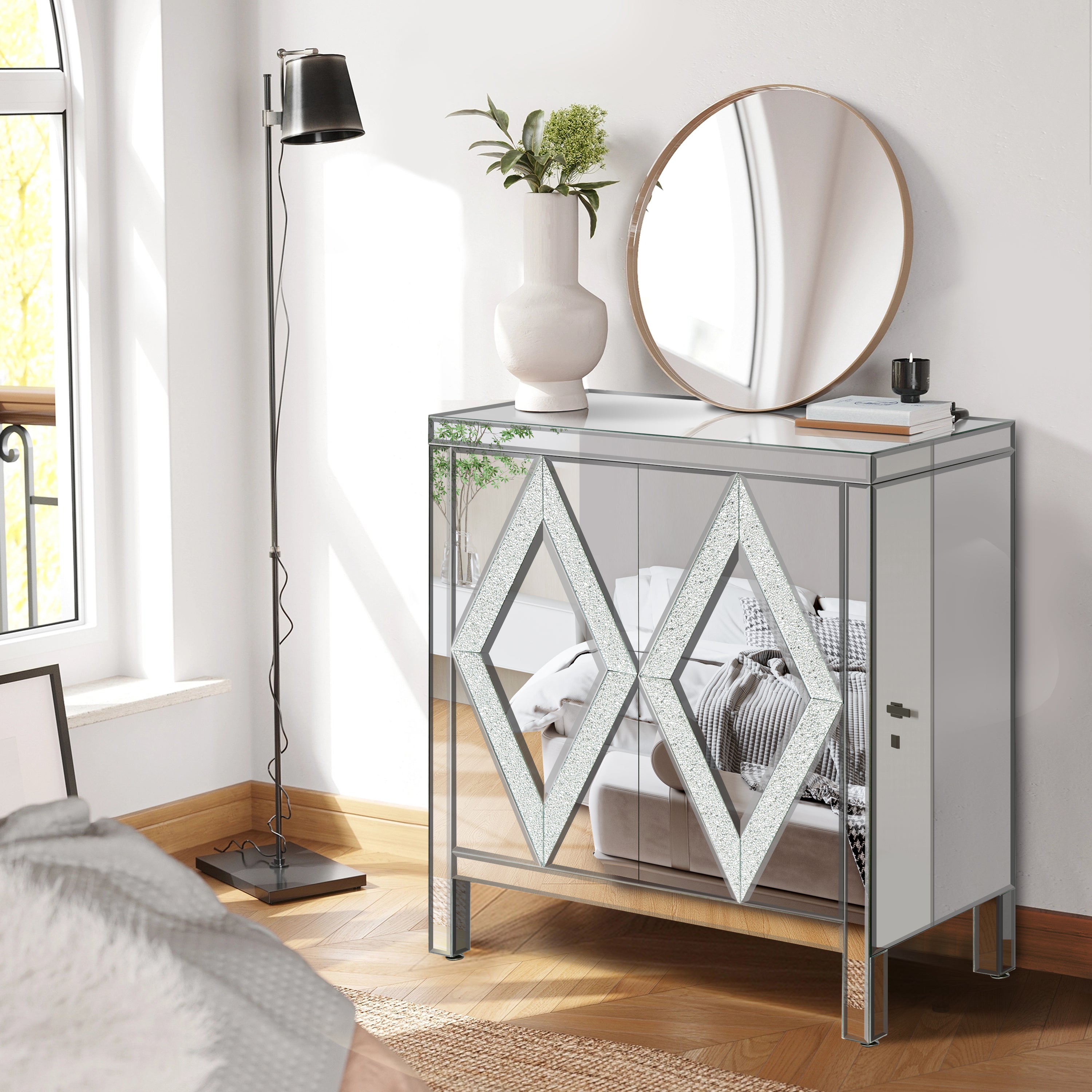 Meuble de rangement avec garniture en miroir et design en forme de losange pour salon, salle à manger, entrée et cuisine