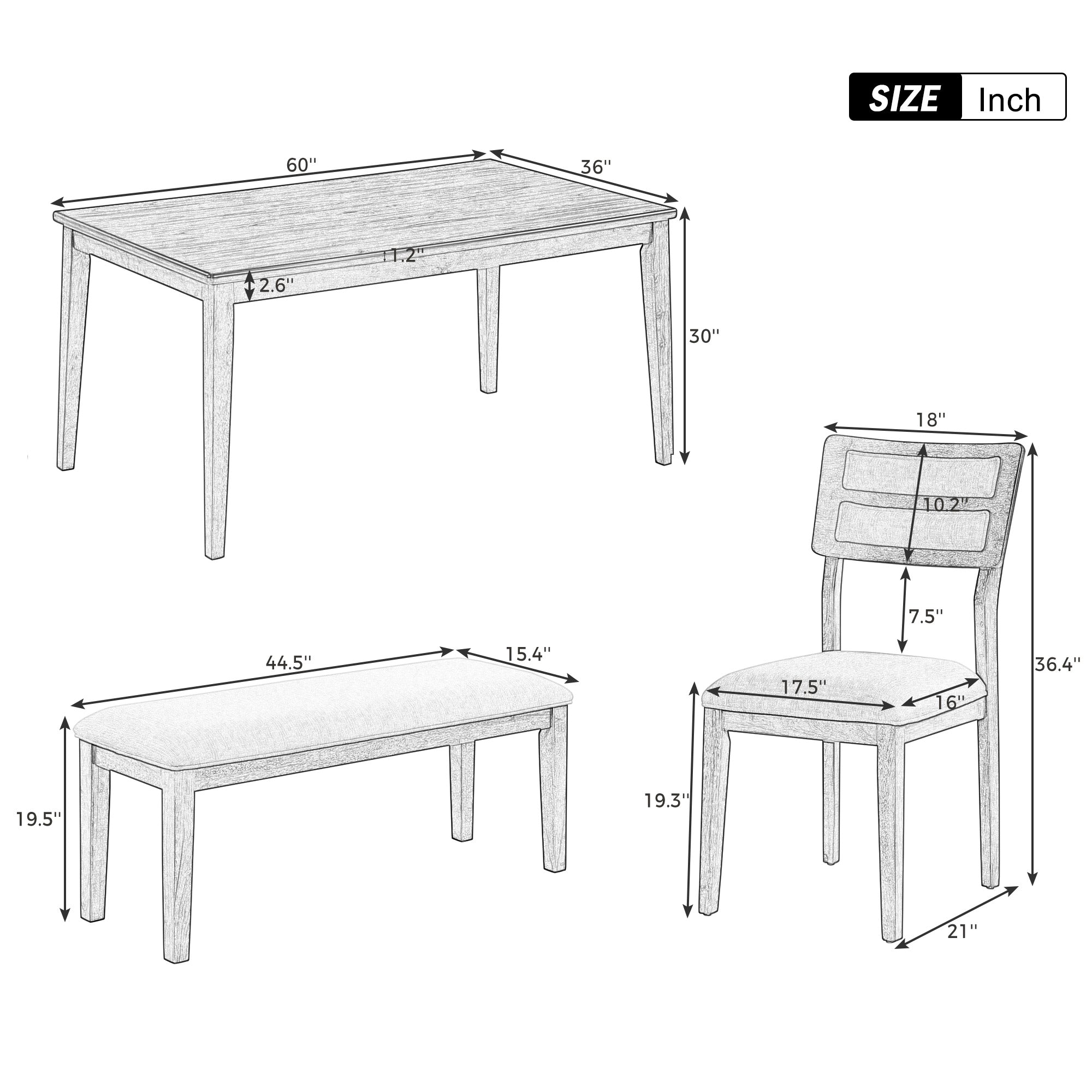 Ensemble de salle à manger TREXM de style classique et traditionnel, 6 pièces, comprenant une table à manger, 4 chaises rembourrées et un banc (blanc et gris)