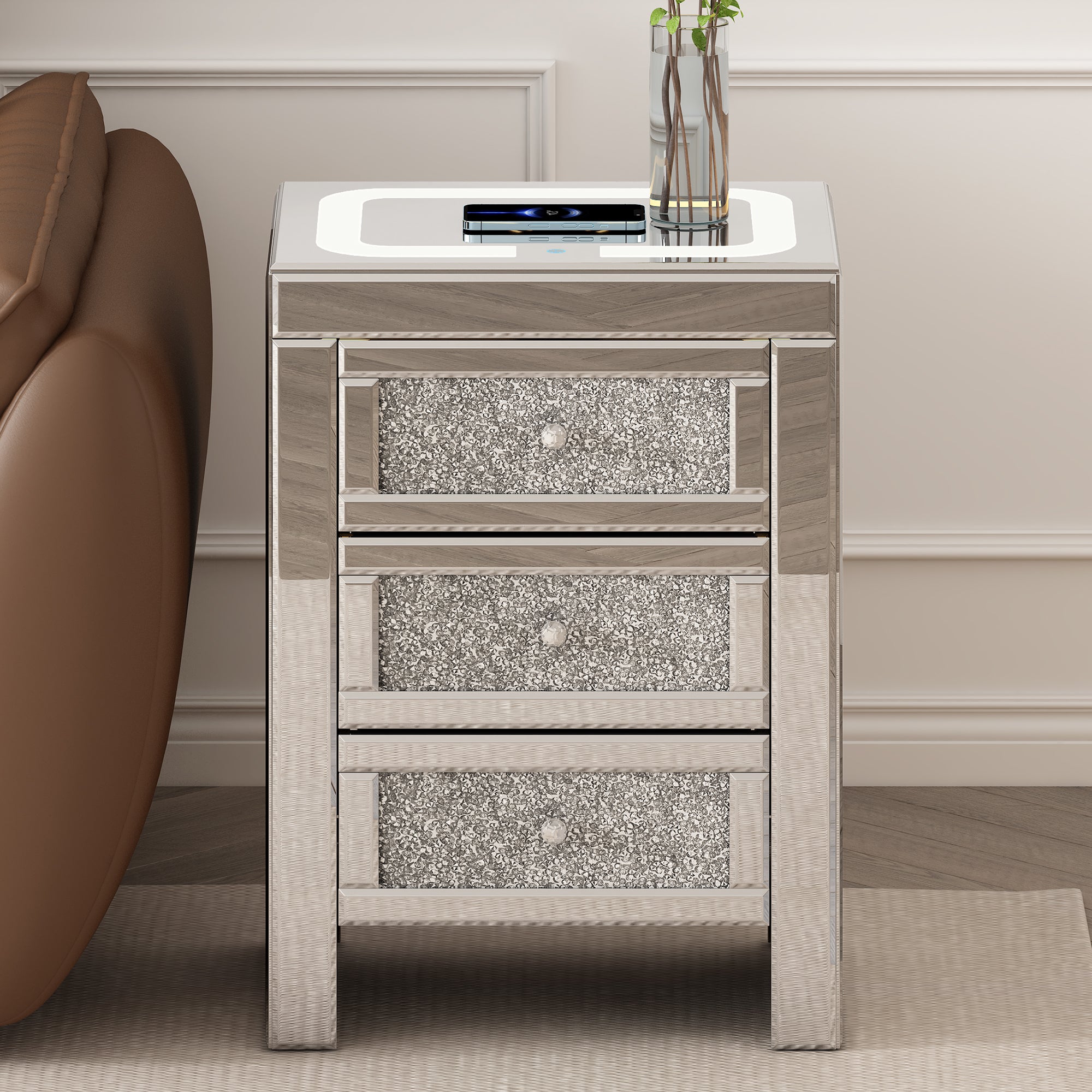 Table basse rectangulaire argentée miroir U-Can 15,7" W avec fonction de chargement sans fil et USB, lumières LED, poignée de style cristal