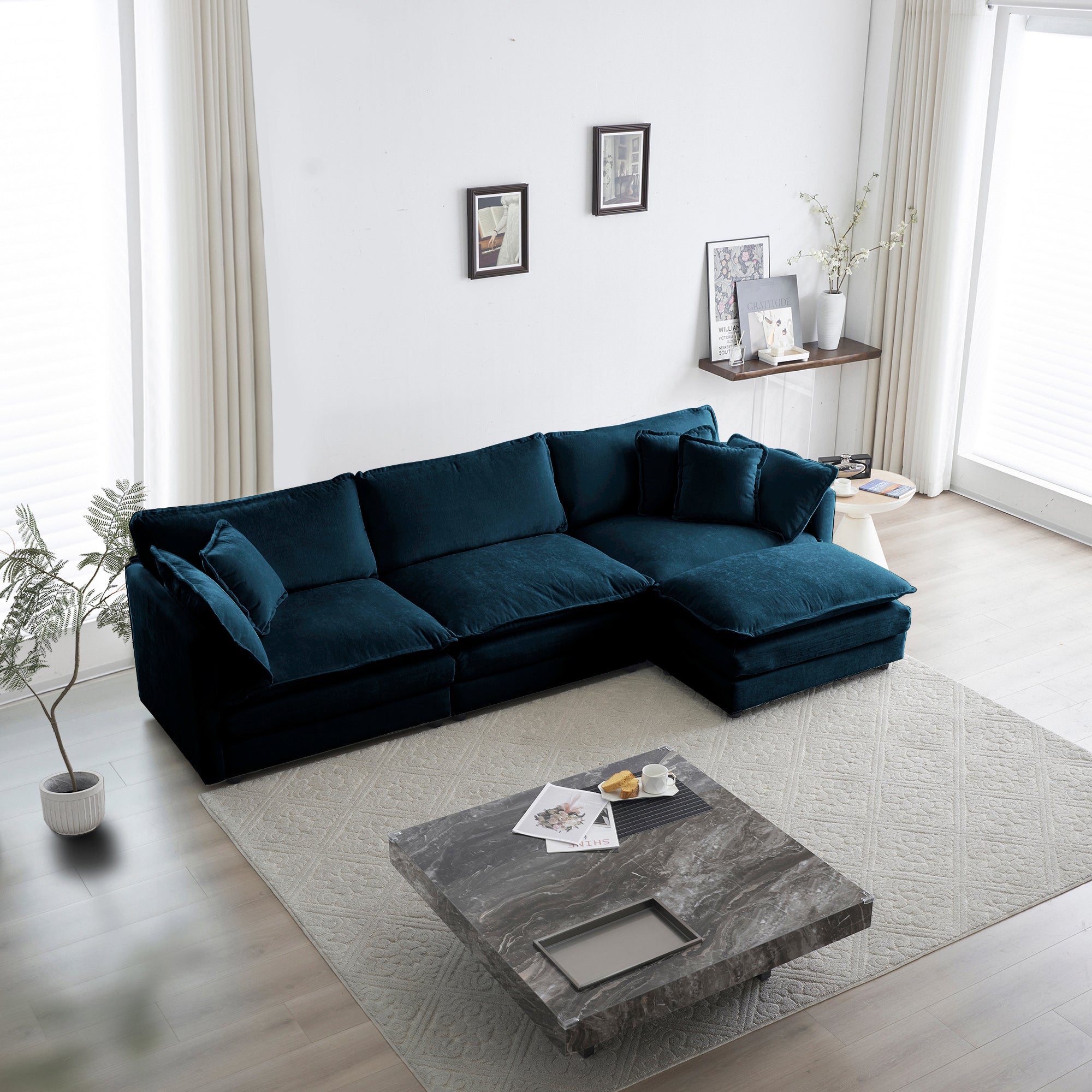 Canapé modulable en L, rembourré et confortable, avec pouf réversible, tissu chenille bleu