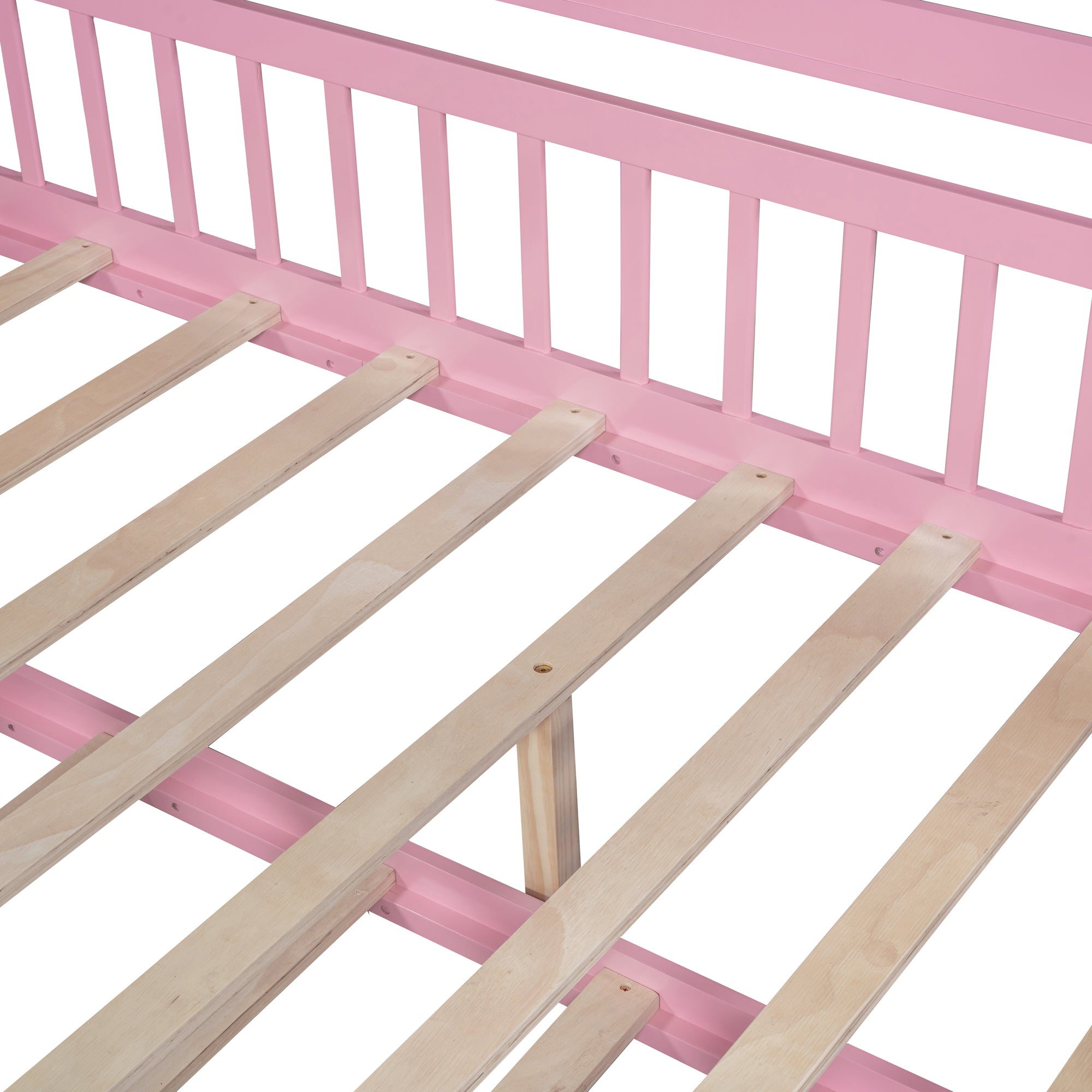Lit cabane en bois pleine grandeur avec lit gigogne simple pour enfant et étagère, rose