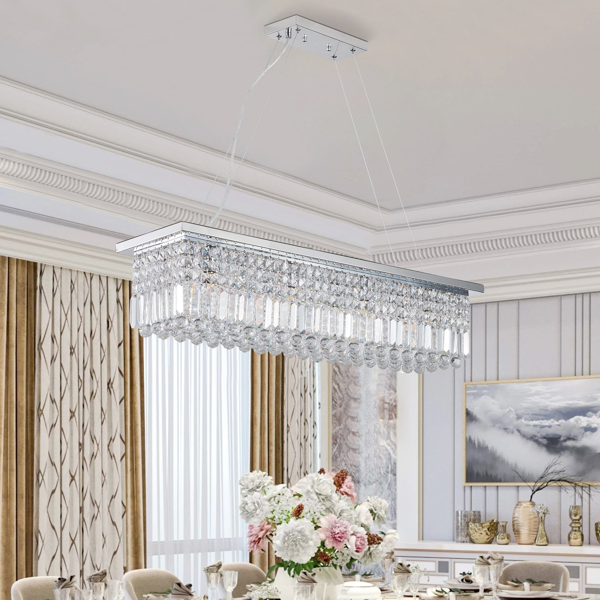 Lustre moderne en cristal pour salle à manger, 8 lumières, forme rectangulaire, blanc, forme goutte d'eau (L 99,4 x l 24,9 x H 22,1 cm) (ampoule non incluse)