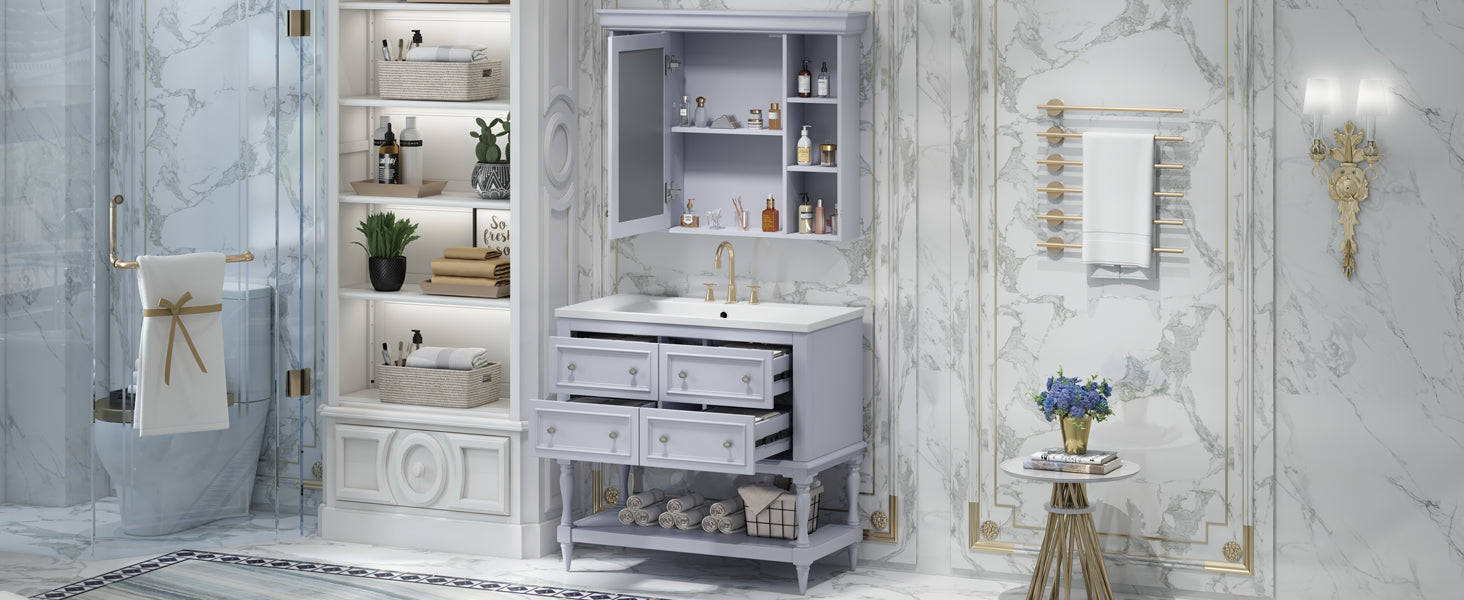 Meuble-lavabo de salle de bain 36'' avec armoire à pharmacie, armoire à miroir moderne avec étagère réglable, meuble de rangement de salle de bain avec 4 tiroirs