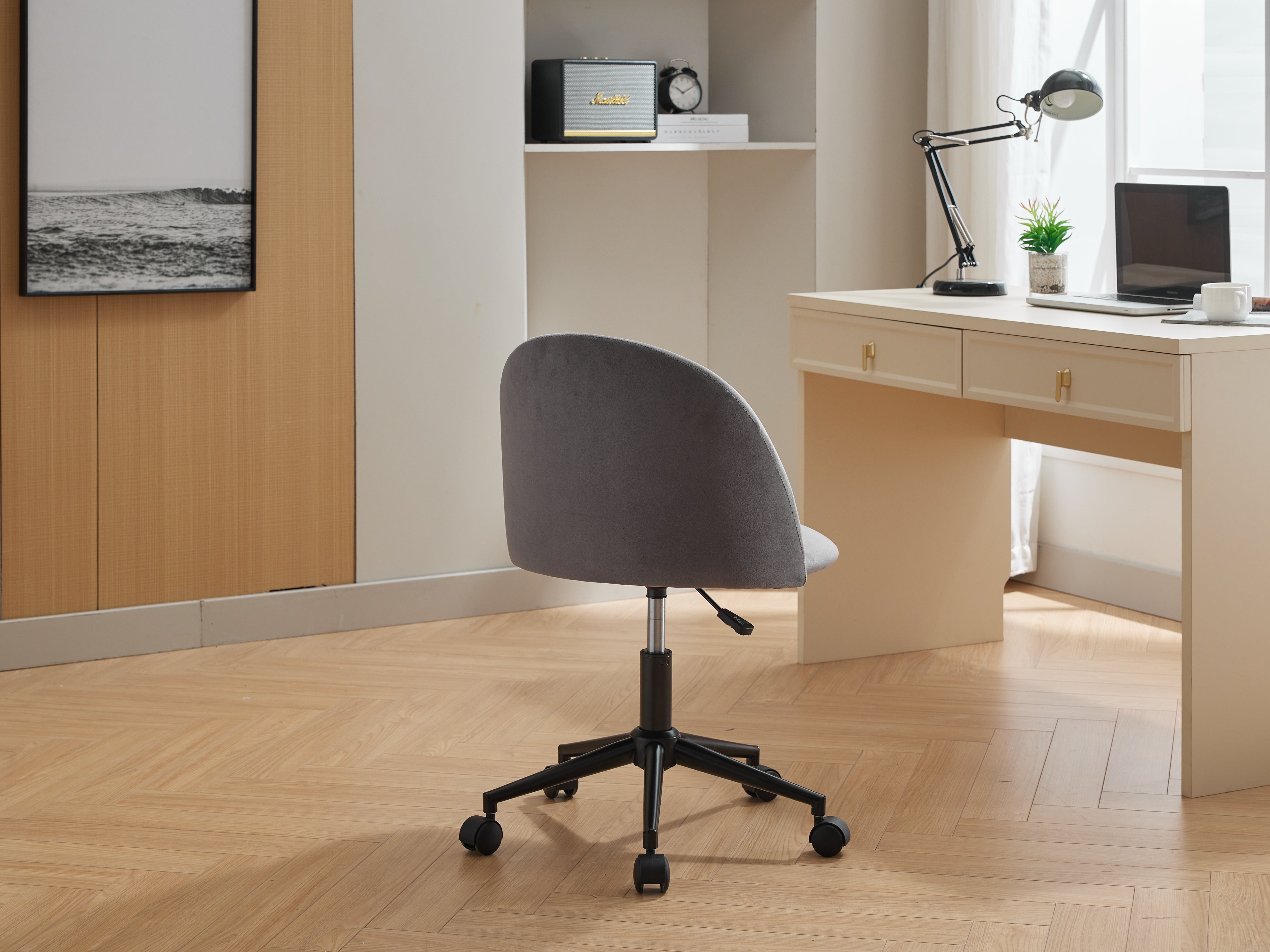 Chaise de bureau en tissu velours, chaise d'ordinateur pivotante réglable à dossier moyen, pieds noirs, chaise de bureau rembourrée avec roulettes