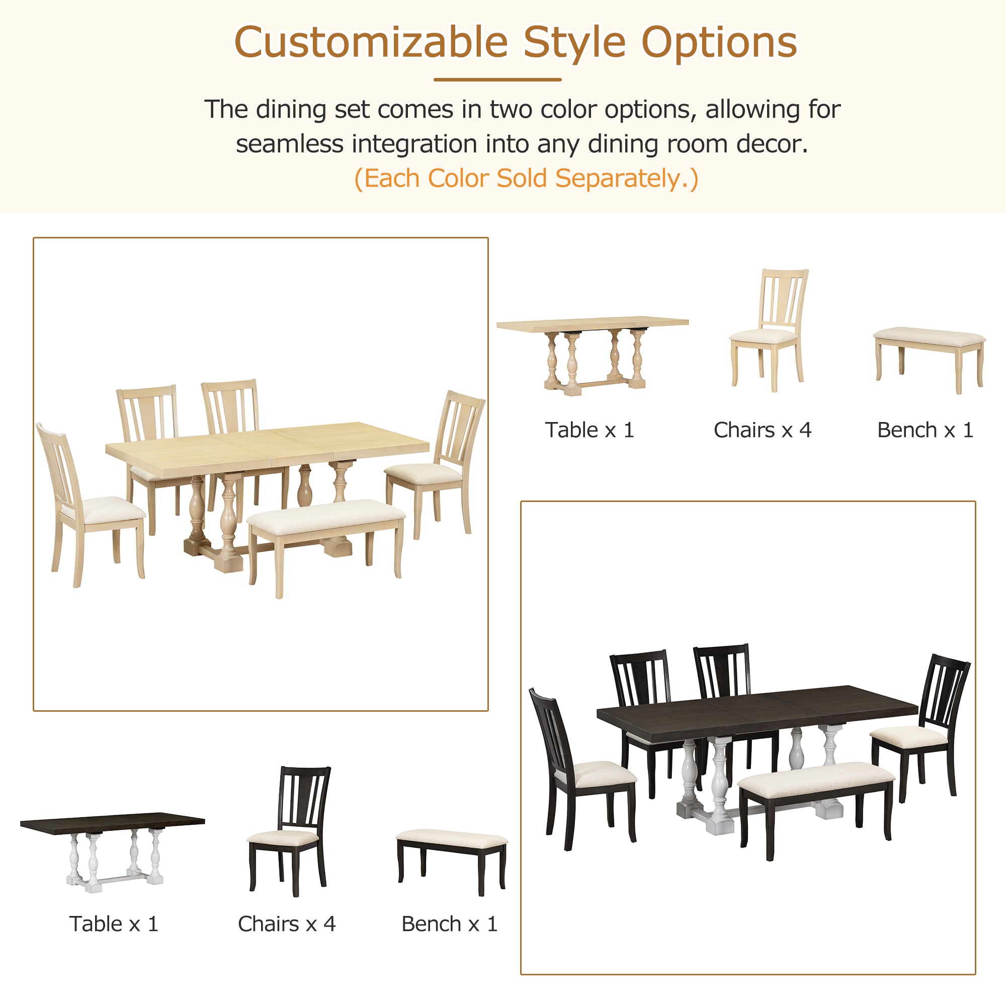 Ensemble de table à manger extensible traditionnelle à tréteaux de 6 pièces de 78 pouces avec rallonge amovible de 18 pouces, blanc vieilli