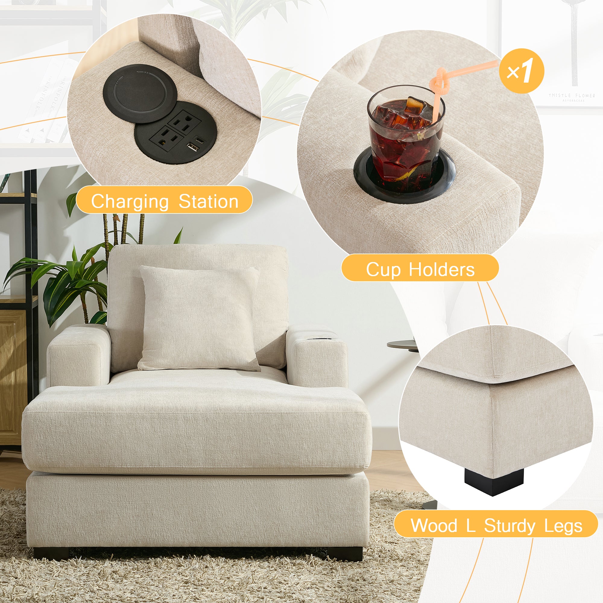 Canapé-lit surdimensionné de 100 cm, style moderne, avec coussins, station de charge et porte-gobelets, tissu chenille, couleur crème
