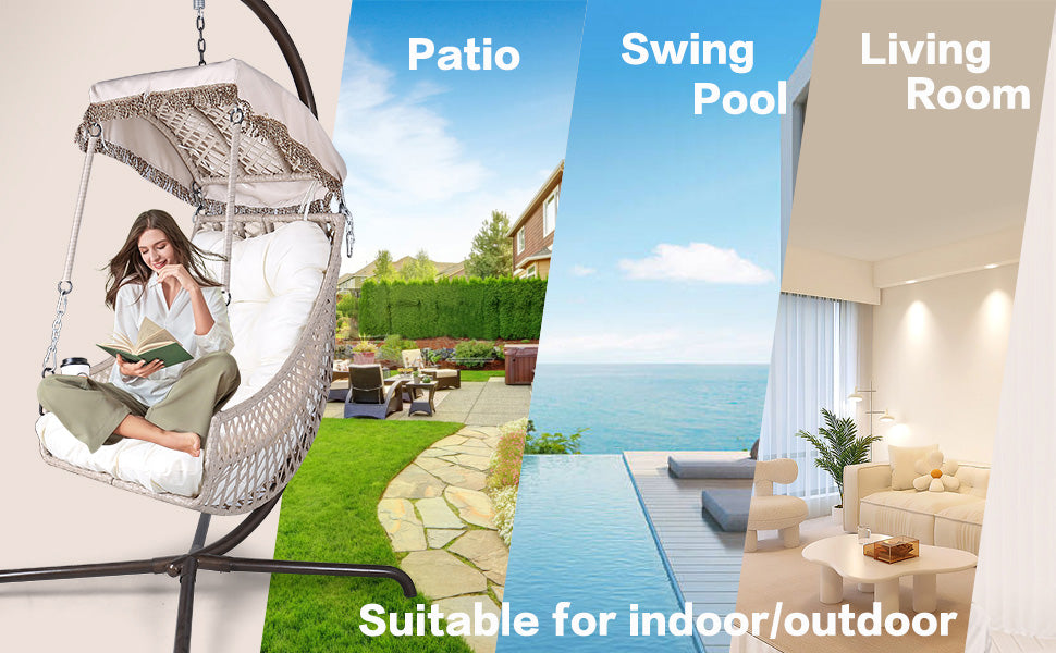 Chaise pivotante avec support, cadre en rotin et osier, capacité de 158 kg, pour patio, chambre à coucher, avec pare-soleil