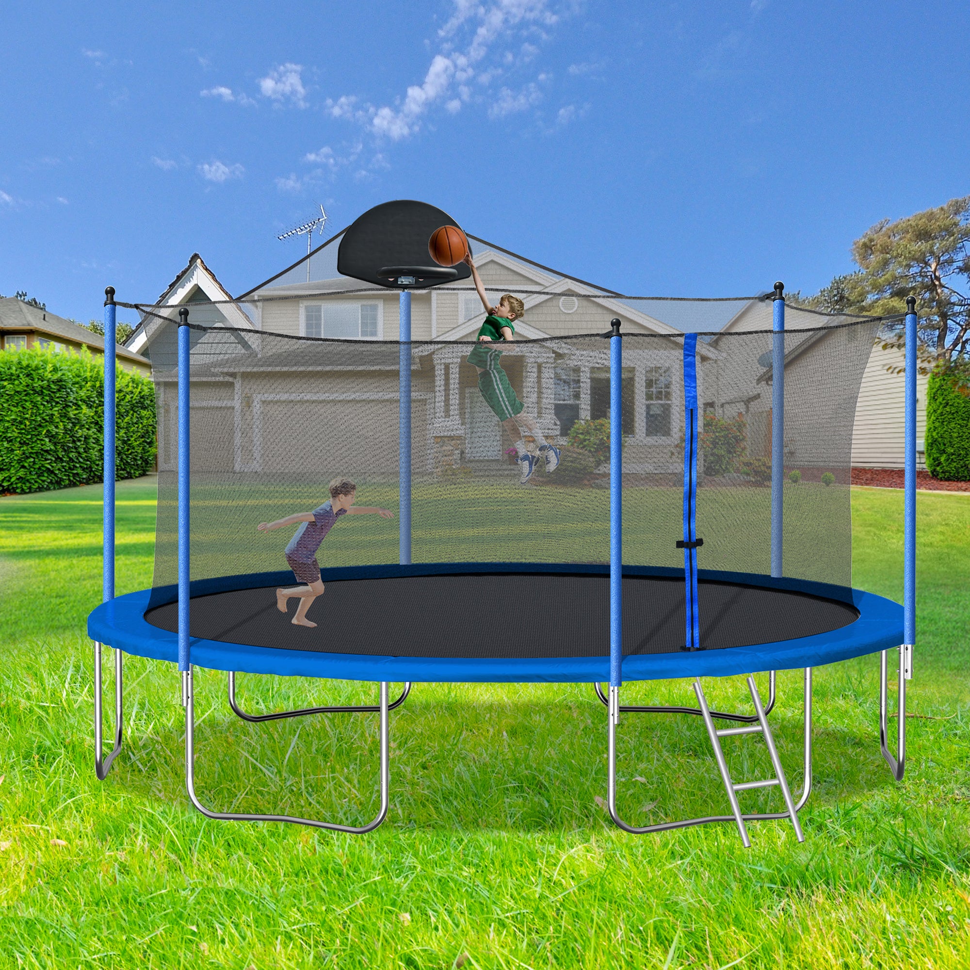 Trampoline de 14 pieds pour adultes et enfants avec panier de basket, trampolines d'extérieur avec échelle et filet de sécurité pour enfants et adultes