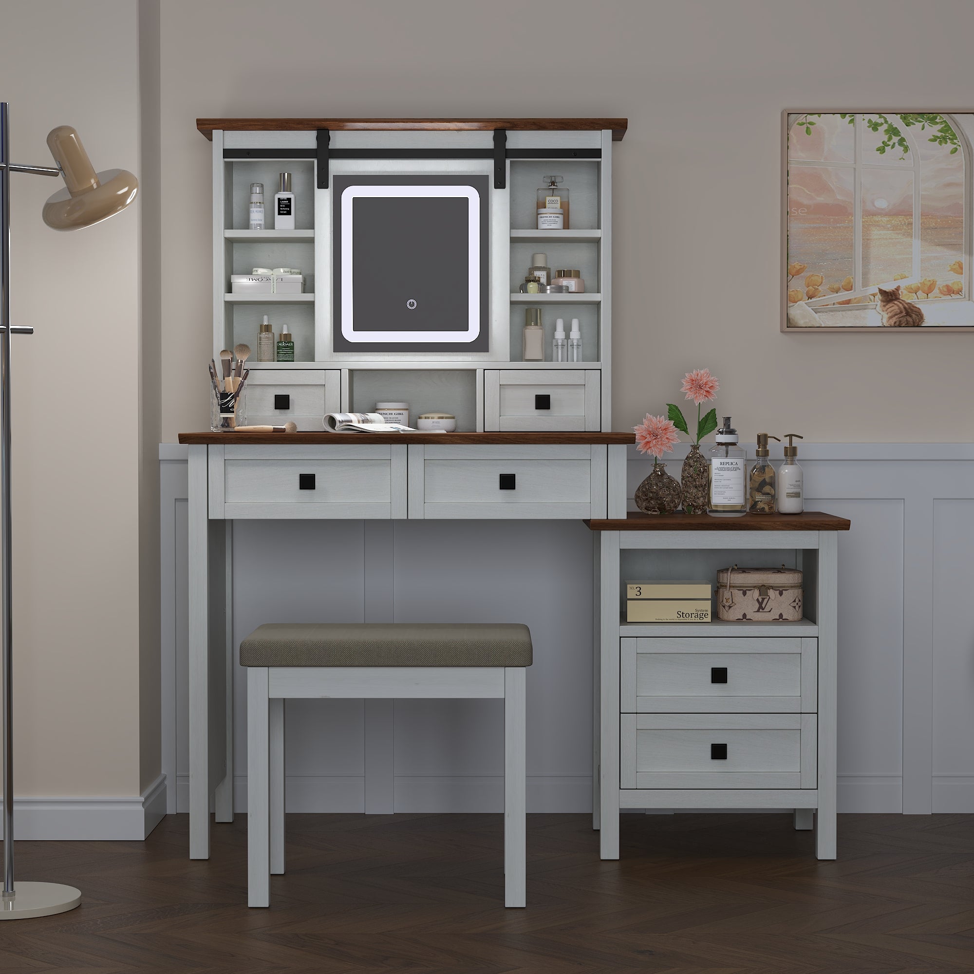 Coiffeuse de 46,5 pouces avec miroir à éclairage LED réglable et station de charge, équipée d'un tabouret rembourré moelleux