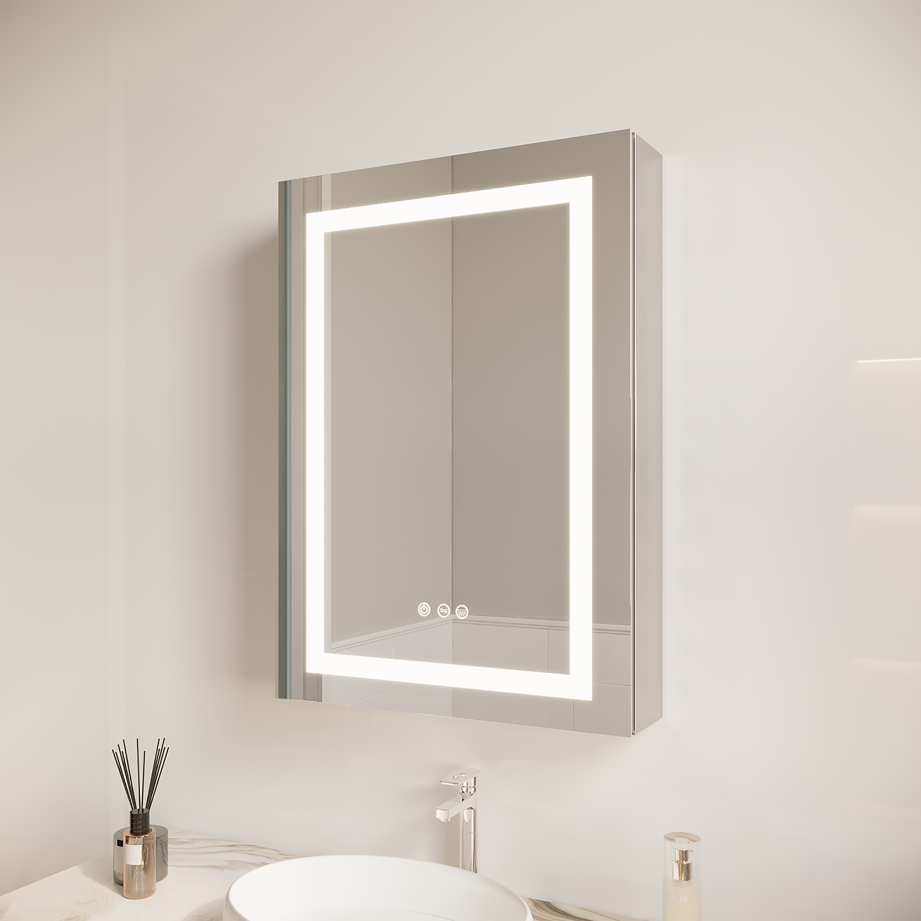 Armoire à pharmacie de salle de bain 26x20 pouces (porte gauche) avec miroir LED 3000K ~ 6000K éclairage à porte simple armoire de salle de bain avec interrupteur tactile réglable