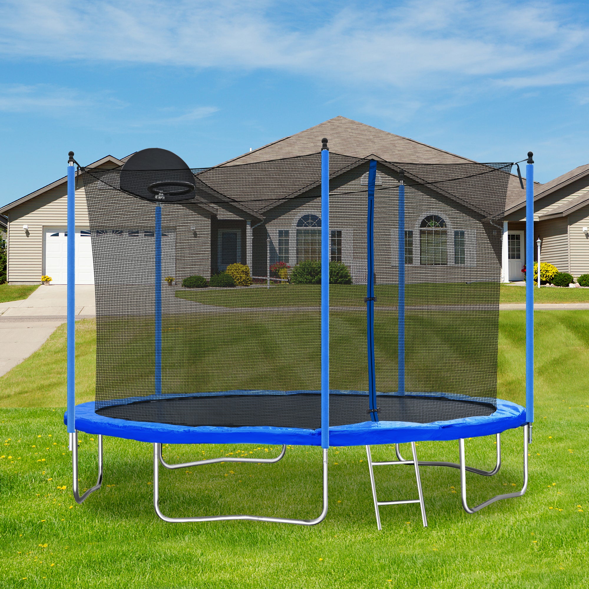 Trampoline de 12 pieds pour adultes et enfants avec panier de basket, trampolines d'extérieur avec échelle et filet de sécurité pour enfants et adultes