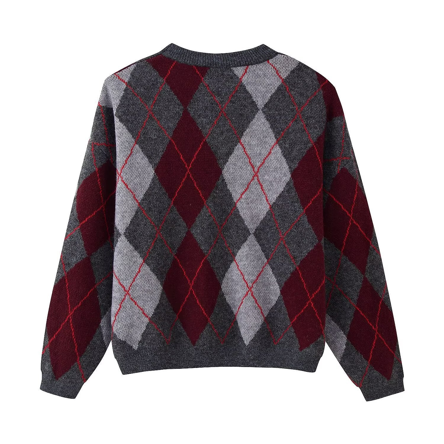 Knitted diamond grid round neck long sleeved sweater