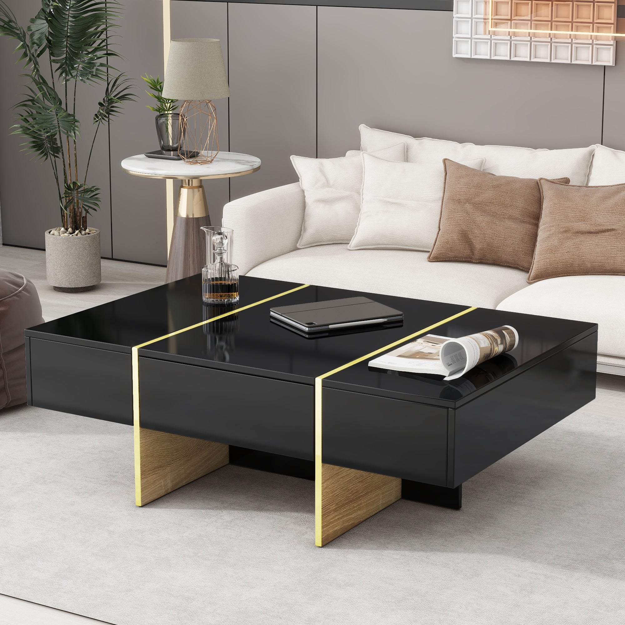 Table de canapé rectangulaire multifonctionnelle ON-TRANS 47,2 pouces x 31,4 pouces avec 2 tiroirs et table centrale à pieds en grain de bois doré, noir
