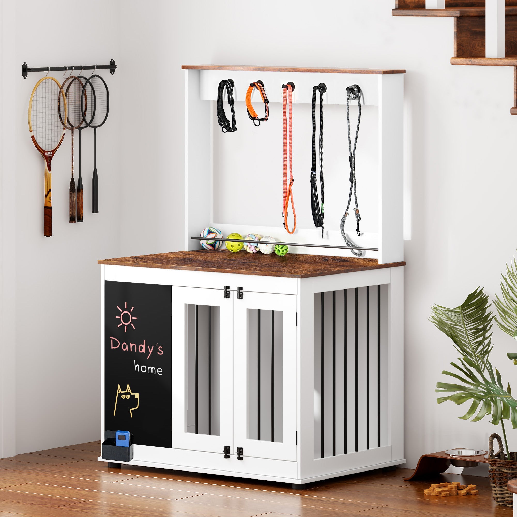 Cage pour chien, cage pour chien Graffiti, chenil avec doubles portes, mobilier d'intérieur de cage, cage pour chien en bois lourd, grand chien, blanc