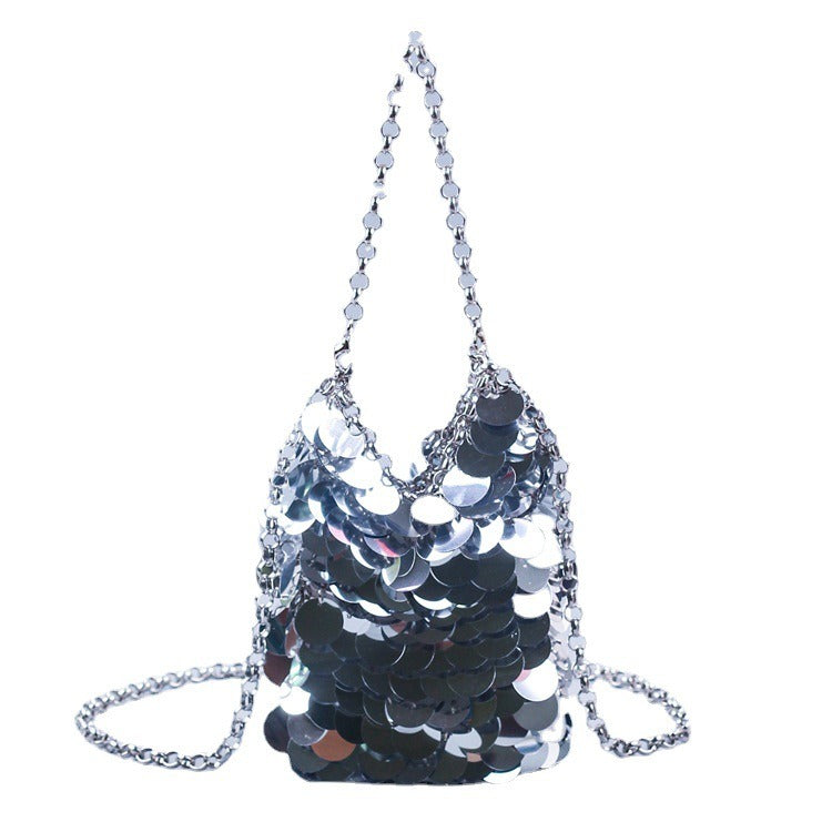 Sac à paillettes en métal écailles de poisson tissé à la main sac de téléphone portable à paillettes de banquet sac à bandoulière pour femmes