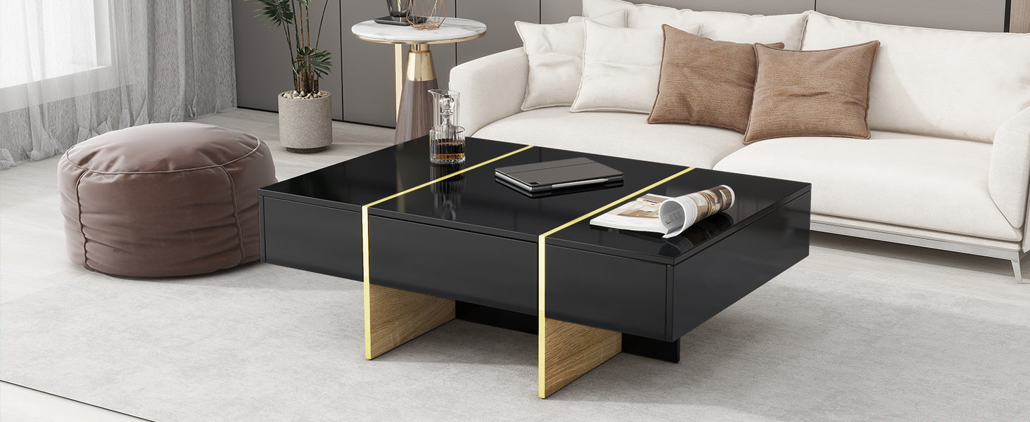 Table de canapé rectangulaire multifonctionnelle ON-TRANS 47,2 pouces x 31,4 pouces avec 2 tiroirs et table centrale à pieds en grain de bois doré, noir