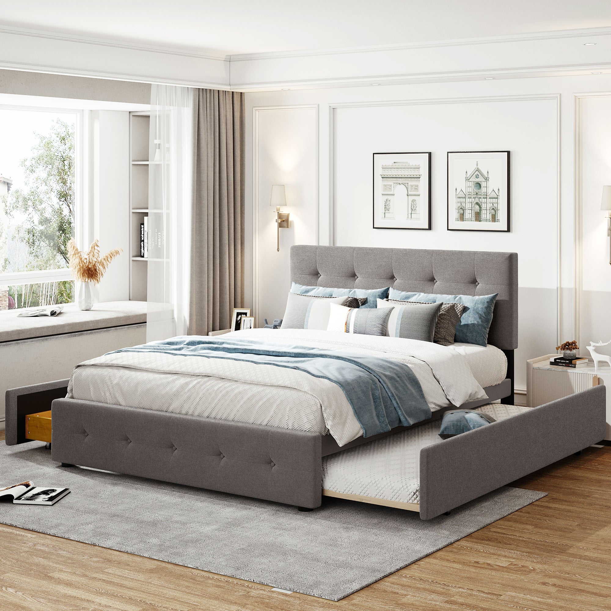 Lit plateforme rembourré avec 2 tiroirs et 1 lit gigogne simple XL en tissu lin, taille Queen - Gris clair