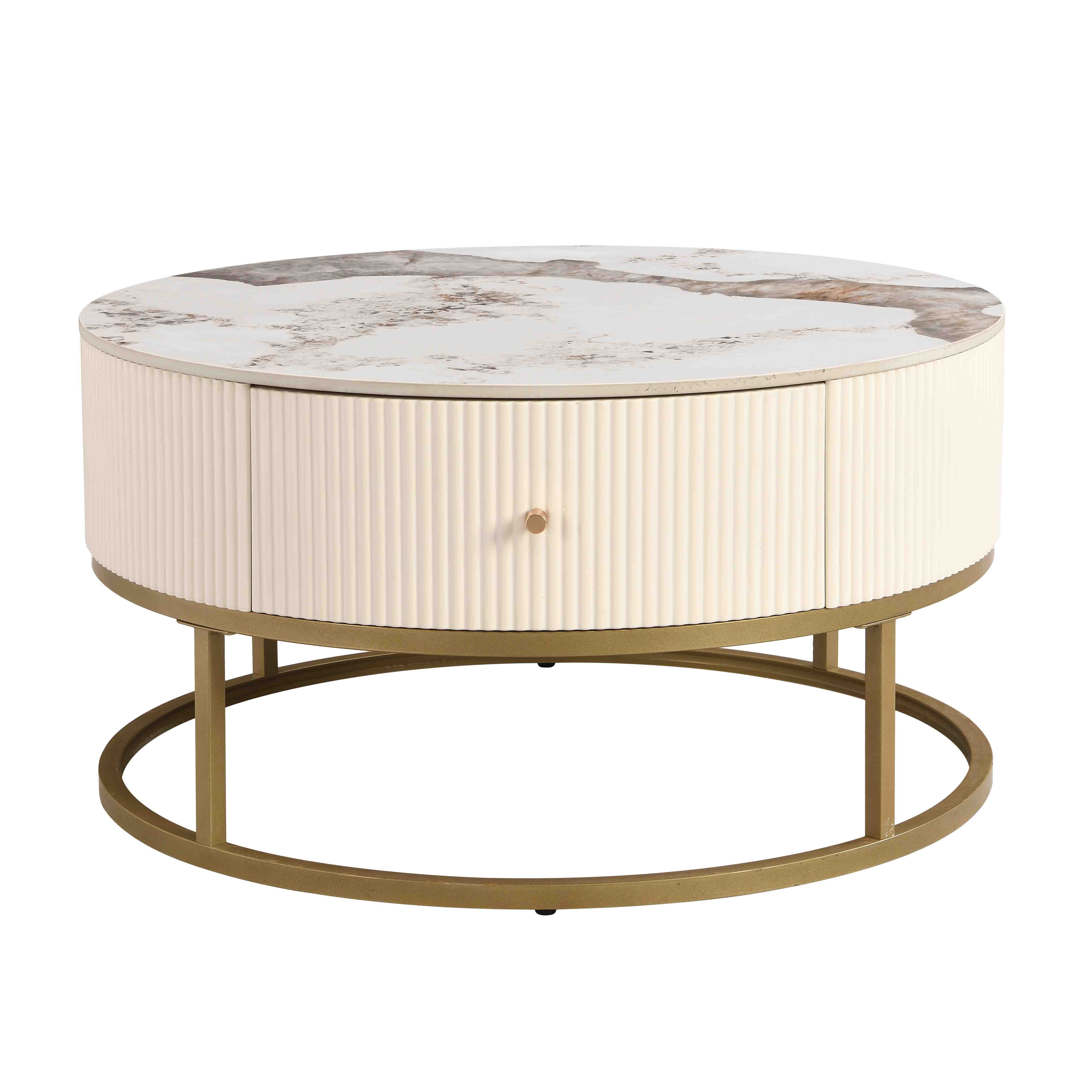 Table basse ronde moderne de 31,5 pouces avec tiroirs, table en marbre avec rangement, table basse de salon