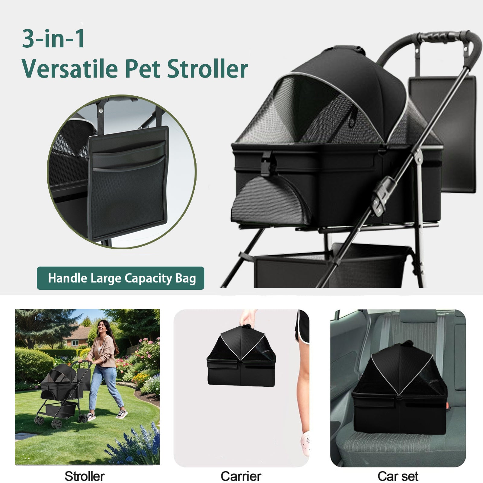 Chariot pliable 2 en 1 pour chien, chariot pliable pour animaux de compagnie, chariot à quatre roues pour chien/chat, coussin imperméable, siège auto, pare-soleil